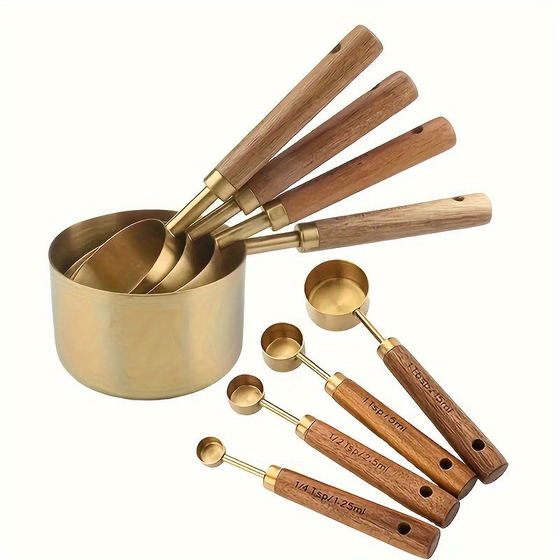 8pcs Luxury Set Stainless Steel Measuring Cups And Spoons With Acacia Wood Handles, Durable Kitchen Baking Tools, Includes Spice Spoon & Coffee Scoop, Nesting Design For Easy Storage