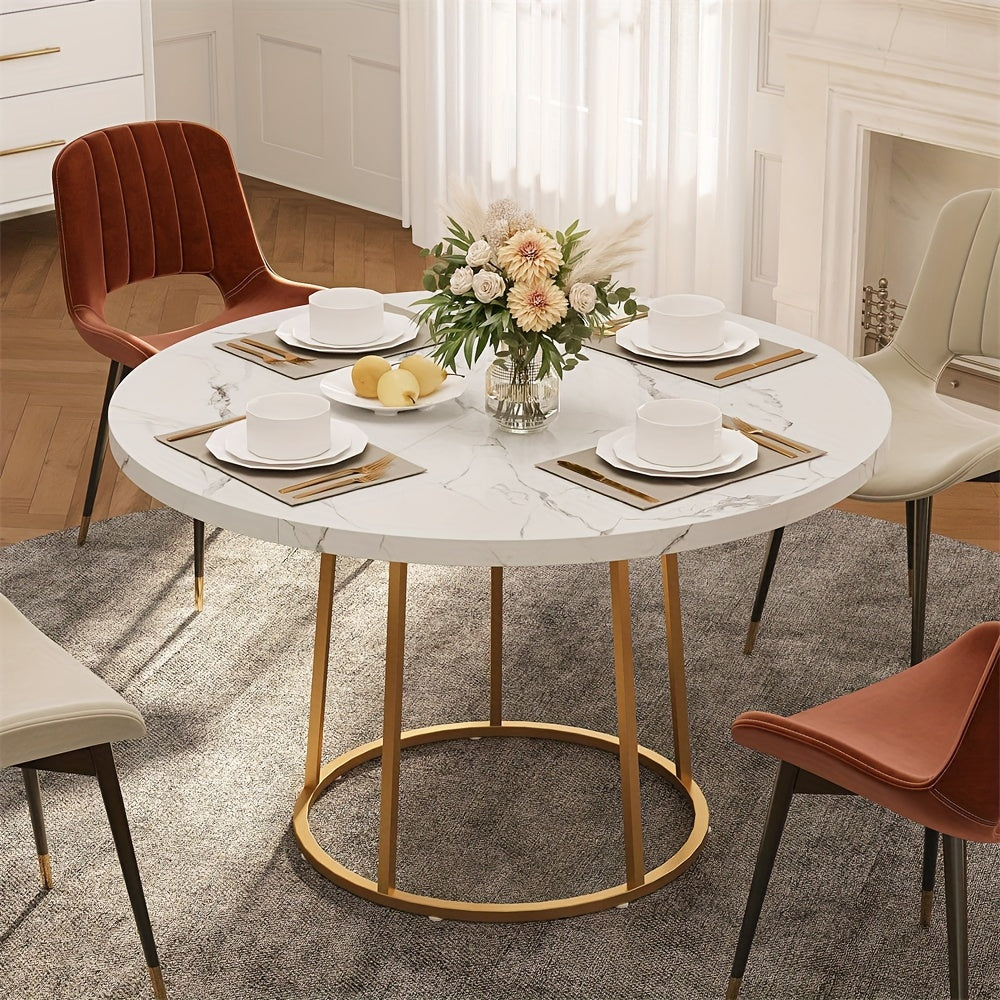Modern Round Dining Table for 4, Gold Base, Elegant Dining Set