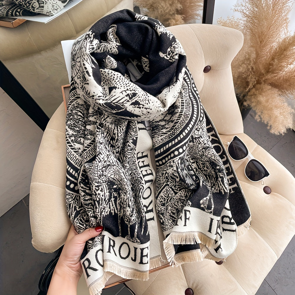 Cozy Faux Cashmere Jacquard Shawl with Animal Print - Vintage Style, Non-Stretch, Warm & Windproof for Office and Travel