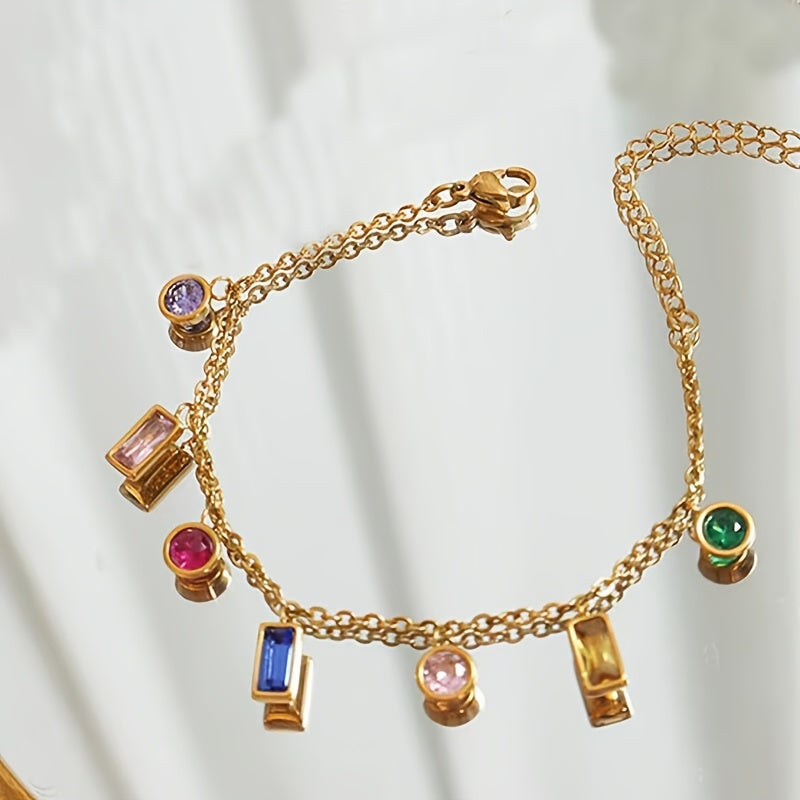 Elegant 18K Golden Plated Stainless Steel Bracelet with Colorful zirconia Charms