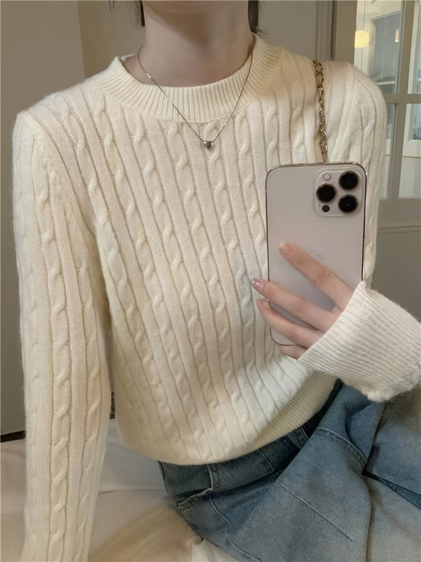 Cable Knit Crew Neck Sweater, Casual Long Sleeve Sweater For Fall & Winter, Women's Clothing