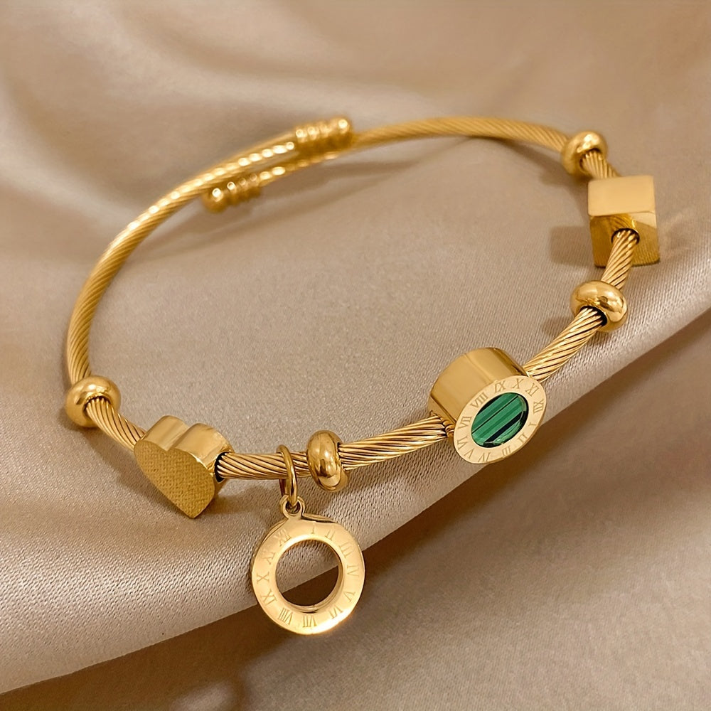 Golden Plated Stainless Steel Adjustable Bangle With Elegant Green Stone & Roman Numerals