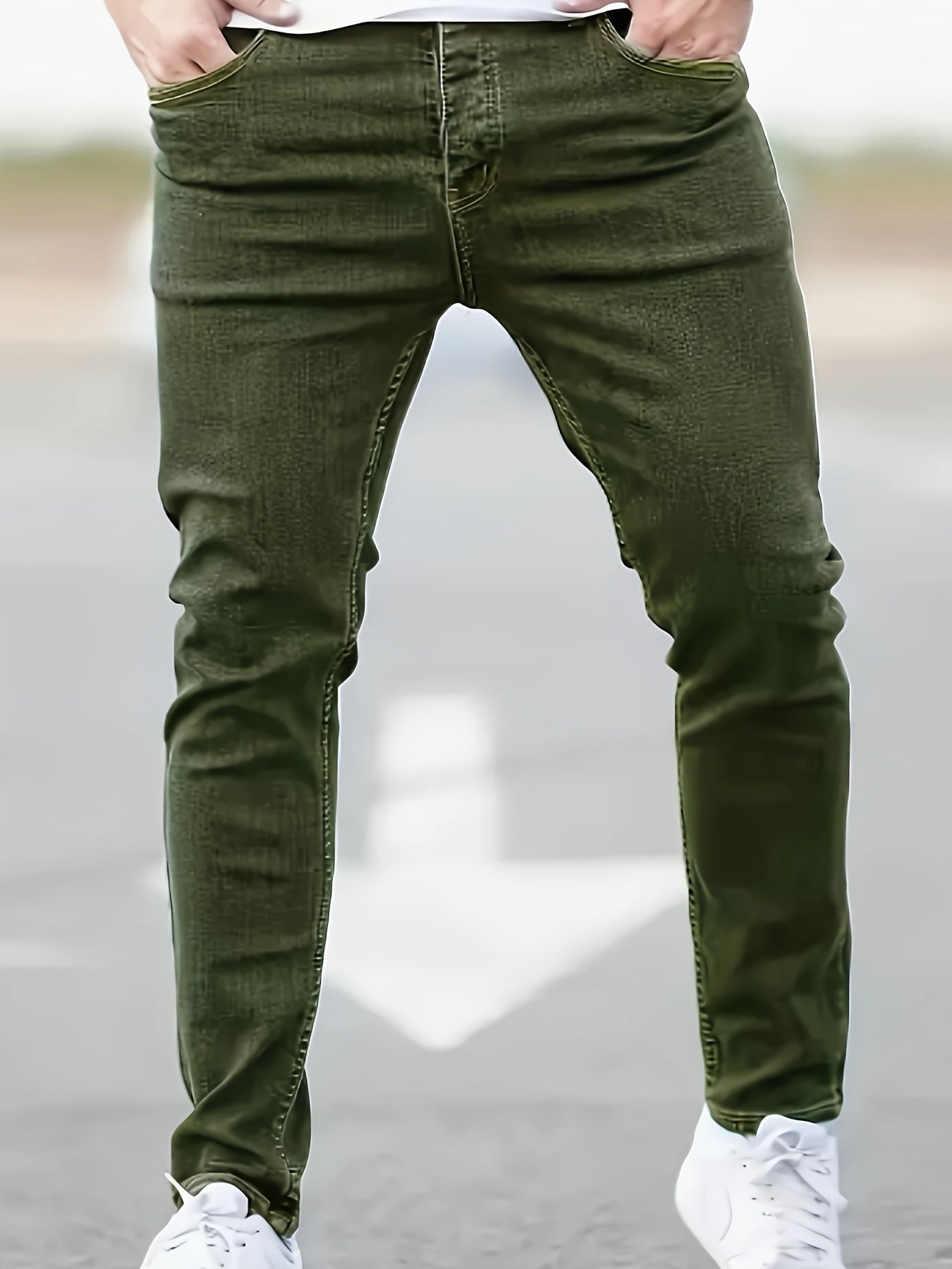 Men's Solid Denim Pants With Pockets, Causal Cotton Slim-fit Jeans For Outdoor Activities