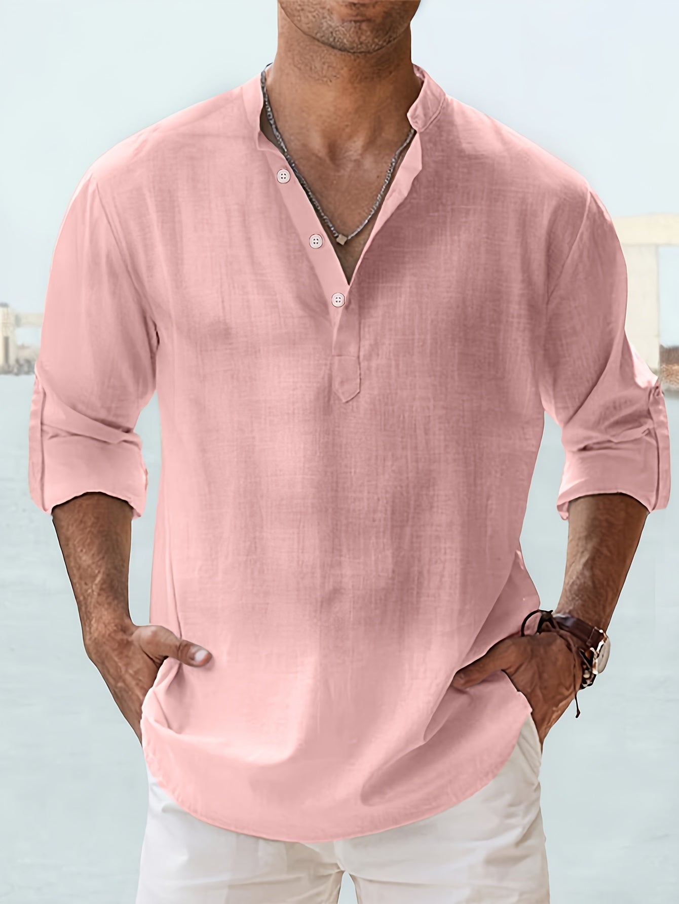 Men's Solid Long Sleeve Button-Down Boat Neck Shirt - Casual Spring/Fall Outdoor Wear
