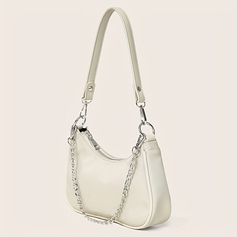 Ladies Y2K Chain Baguette Bag, Trendy Nylon Shoulder Bag, Women's Solid Color Purse