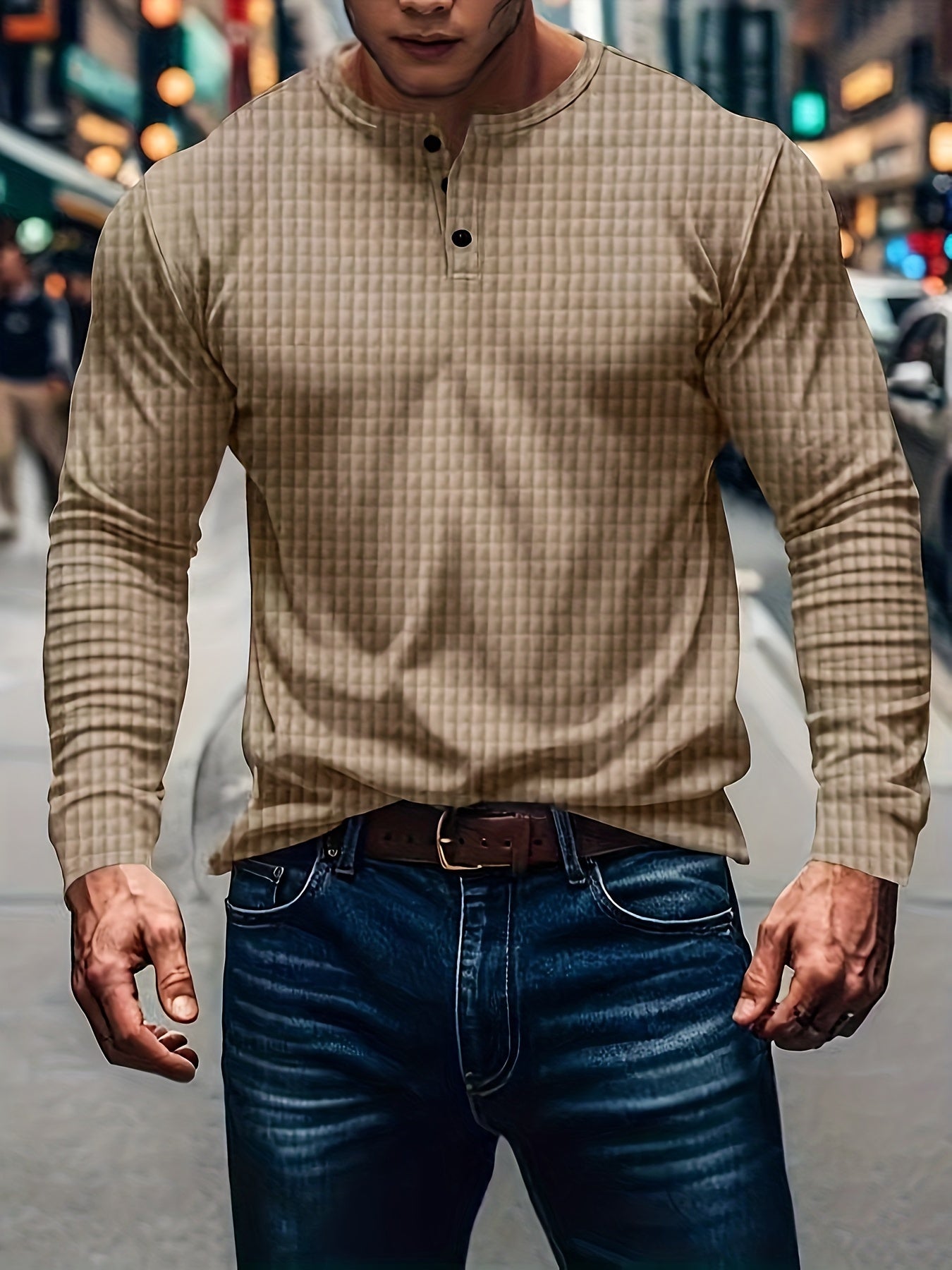 Men's Casual Long Sleeve Henley Shirt, Polyester Knit Fabric, Solid Color, Round Neck, Button Front, Regular Fit for Everyday Wear