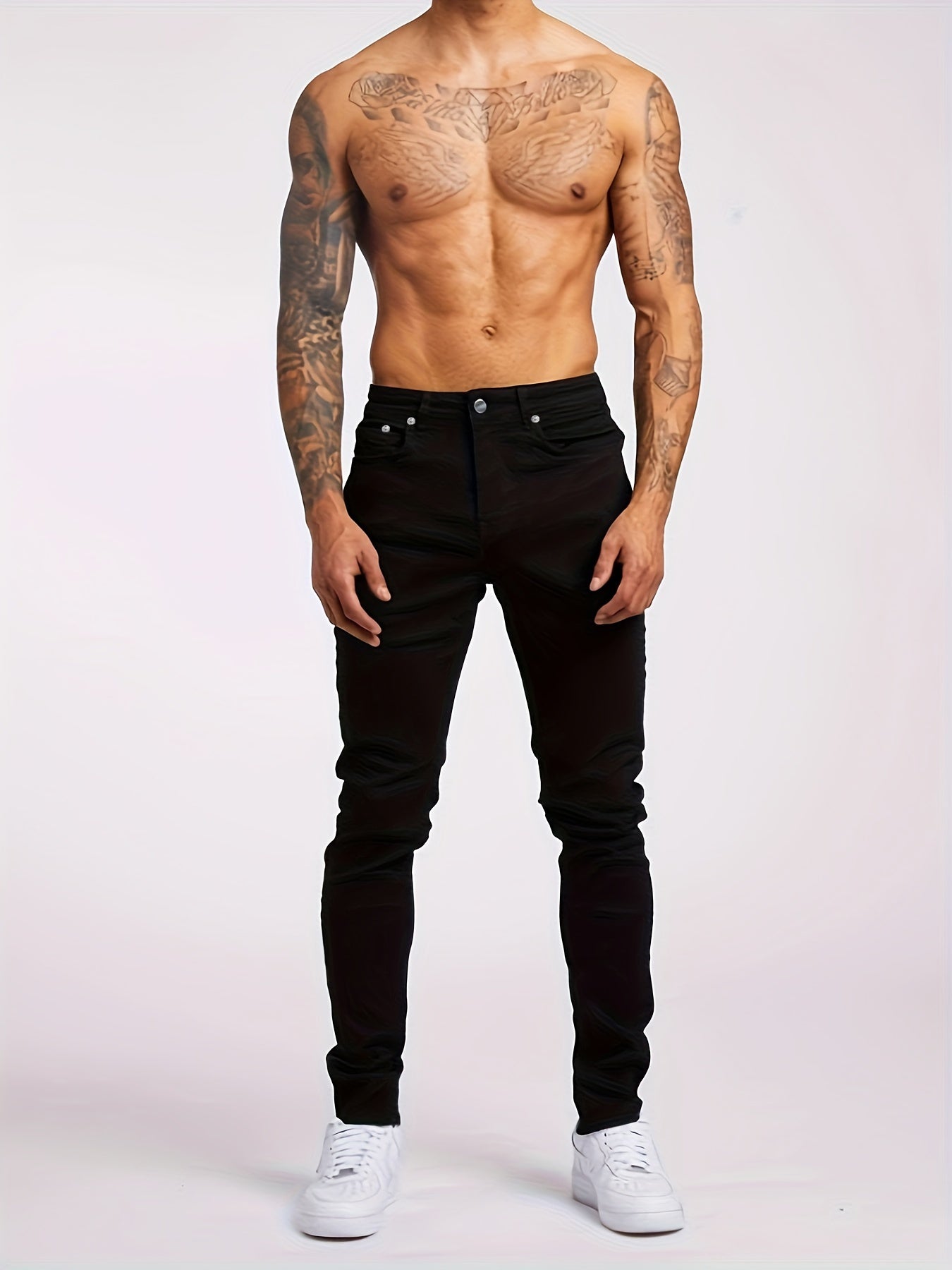 Men's Trendy Solid Cotton Blend Slightly Stretch Jeans, Chic Street Style Regular Fit Bottoms For Men, All Seasons