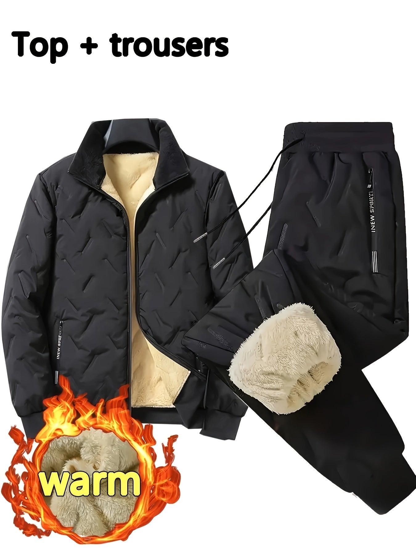 Men's Winter 2pcs Set: Ultra-Warm Fleece-Lined Jacket & Joggers - Casual Zip-Up Outerwear for Hiking & Leisure, Machine Washable