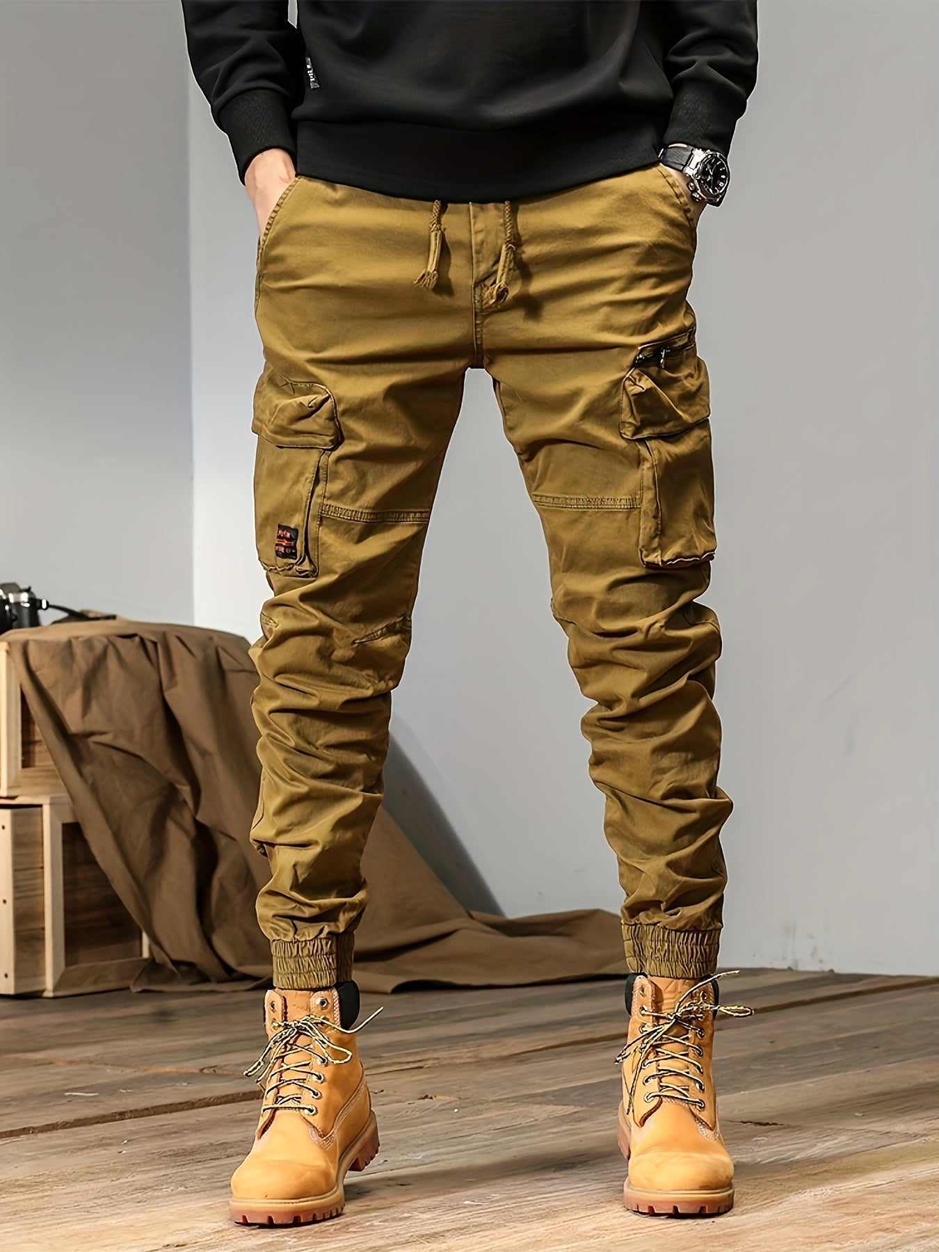 In style Men's Solid Cargo Pants With Multi Pockets, Cotton Drawstring Joggers For Outdoor