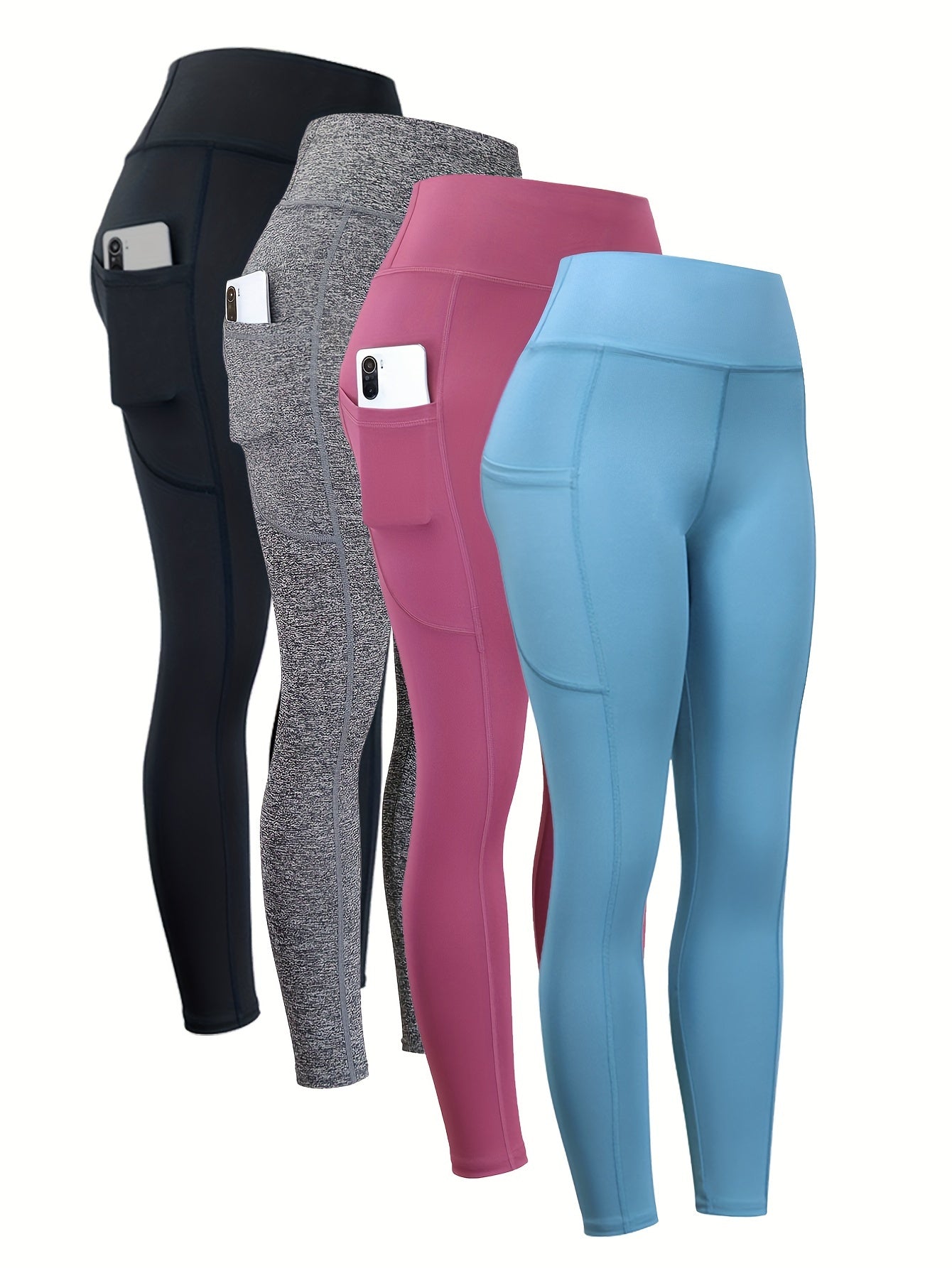 4pcs Deal Set High-Waisted Yoga Leggings with Pockets for Women, Solid Color, Tight Fit Activewear