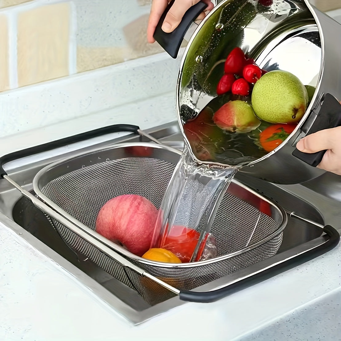 1pc, Over The Sink Stainless Steel Oval Colander, Telescopic Mesh Basket, Stainless Steel Sink Drain, Perfect For Washing Fruits & Veggies, Telescopic Strainer Basket, Kitchen Stuff, Kitchen Gadgets