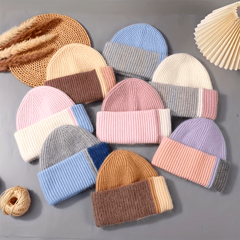 Cozy Color-Block Pastel Knit Beanie for Women - Thick, Warm & Stretchy Winter Hat