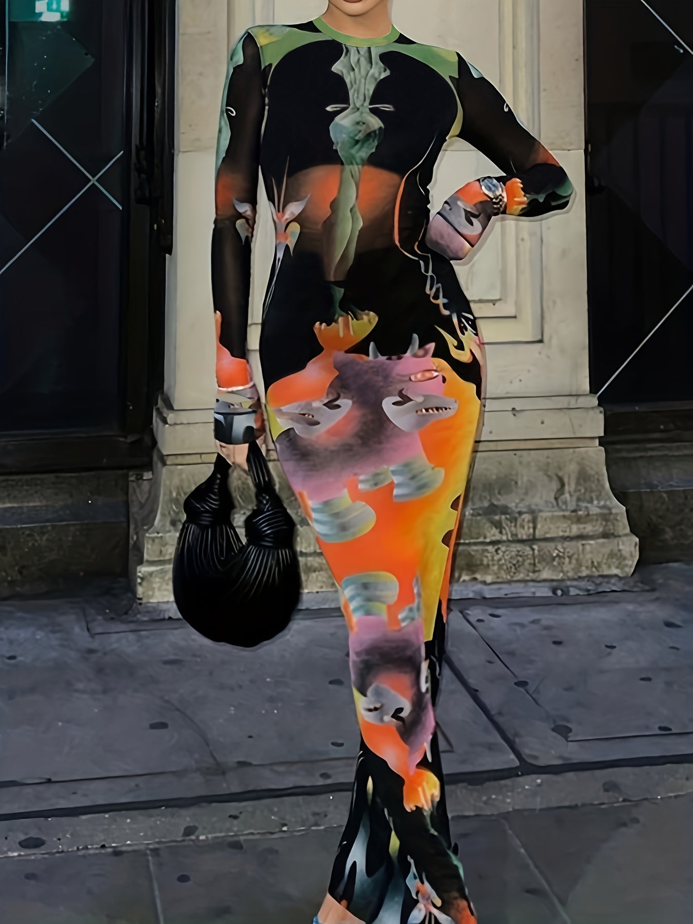 Abstract Print Bodycon Dress, Sexy Long Sleeve Maxi Dress, Women's Clothing
