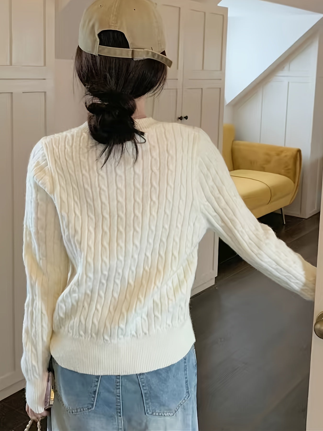 Cable Knit Crew Neck Sweater, Casual Long Sleeve Sweater For Fall & Winter, Women's Clothing