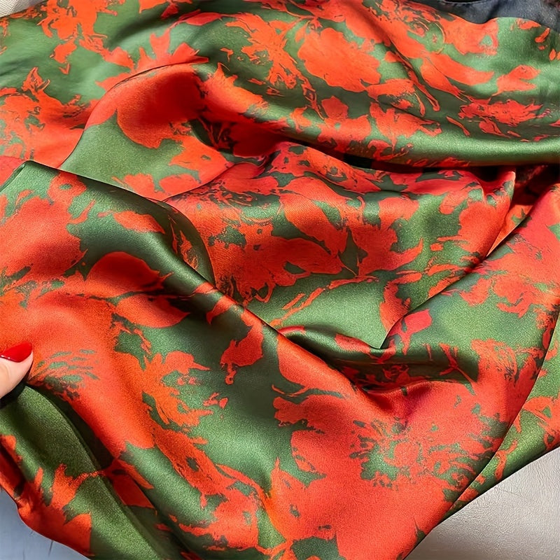 Elegant Red Flower Printed Chiffon Scarf Classic Thin Smooth Satin Shawl Elegant Style Windproof Sunscreen Head Wrap For Women