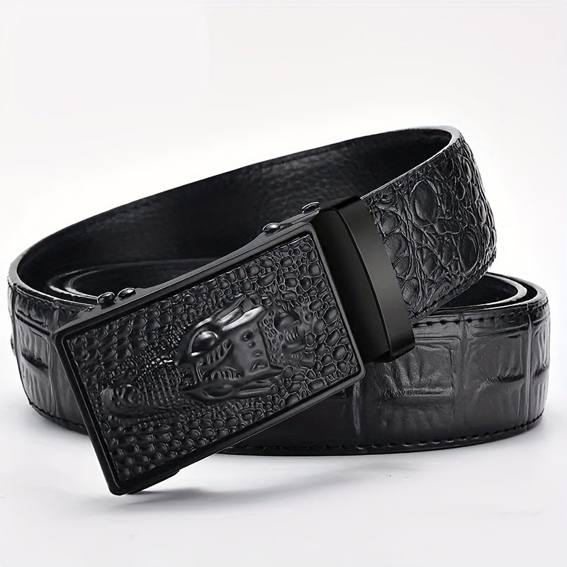Business Classic Men's Crocodile Leather Belt with Automatic Buckle - Black, 110-125cm, 2.75" wide, Alloy Buckle, 2nd Layer Leather