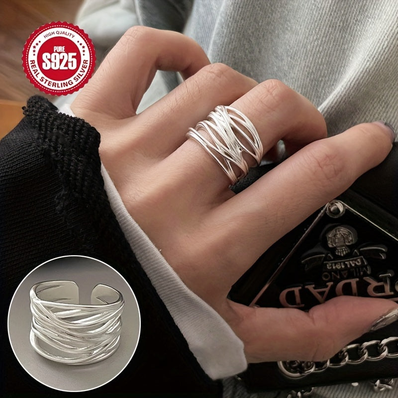 925 Sterling Silver Matte Wide Band Cuff Ring with Gift Box - Adjustable, Simple Luxury