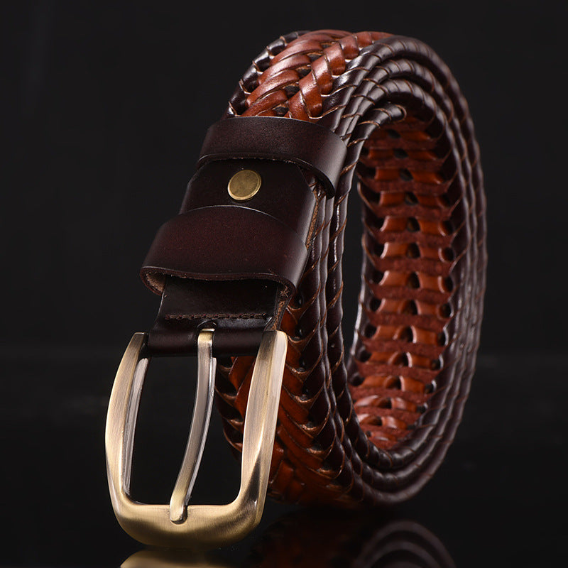 1pc 43.31/45.28/47.24inch Men's Genuine Leather Cowhide Belt, Woven Casual Versatile Pants Belt