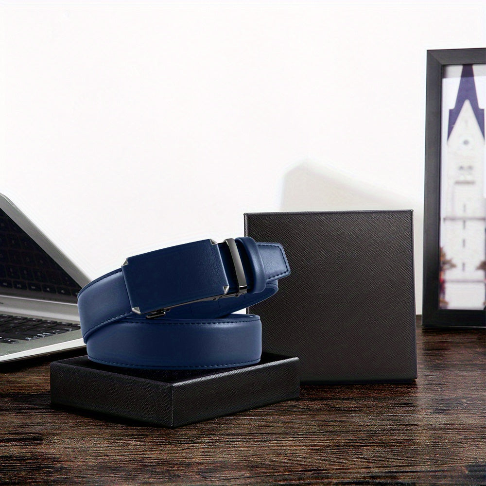 Men's Blue Automatic Buckle Cowhide Belt - Adjustable Size And Elegant Design