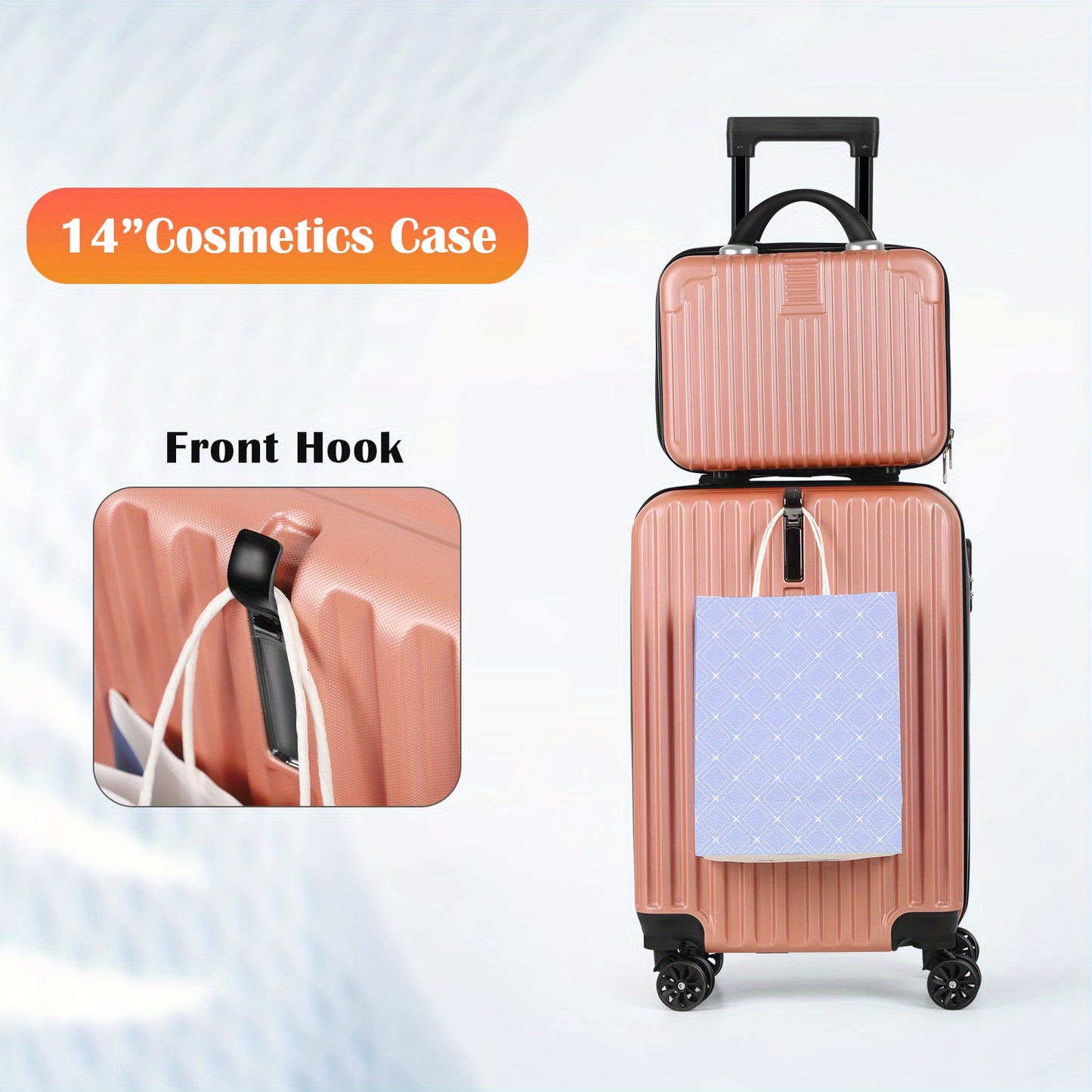 "2 piece Rose Gold 20"" Carry-On Luggage Set with 14"" Cosmetic Case, Hardside Spinner Wheels, Airline Approved, Combination Lock, 2-Piece Luggage"
