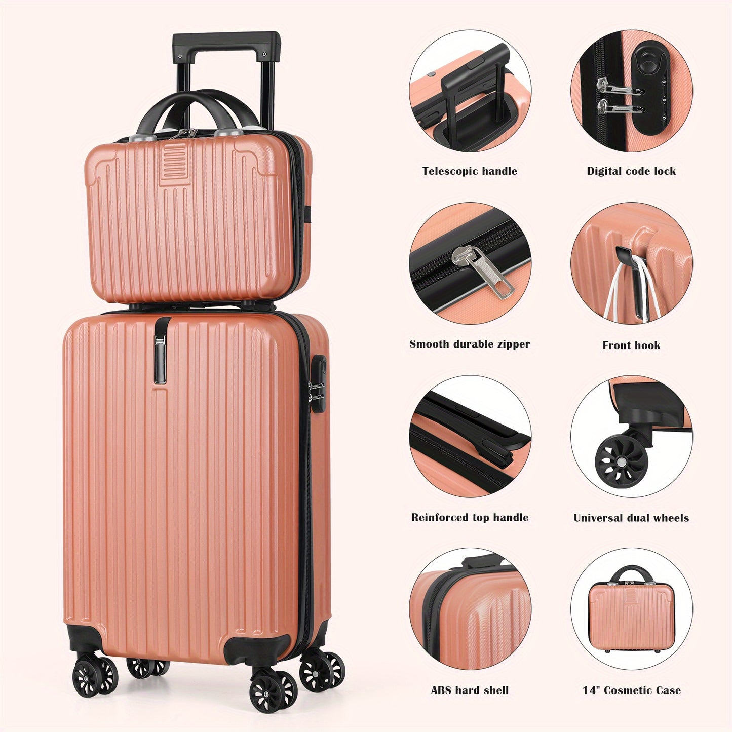"2 piece Rose Gold 20"" Carry-On Luggage Set with 14"" Cosmetic Case, Hardside Spinner Wheels, Airline Approved, Combination Lock, 2-Piece Luggage"