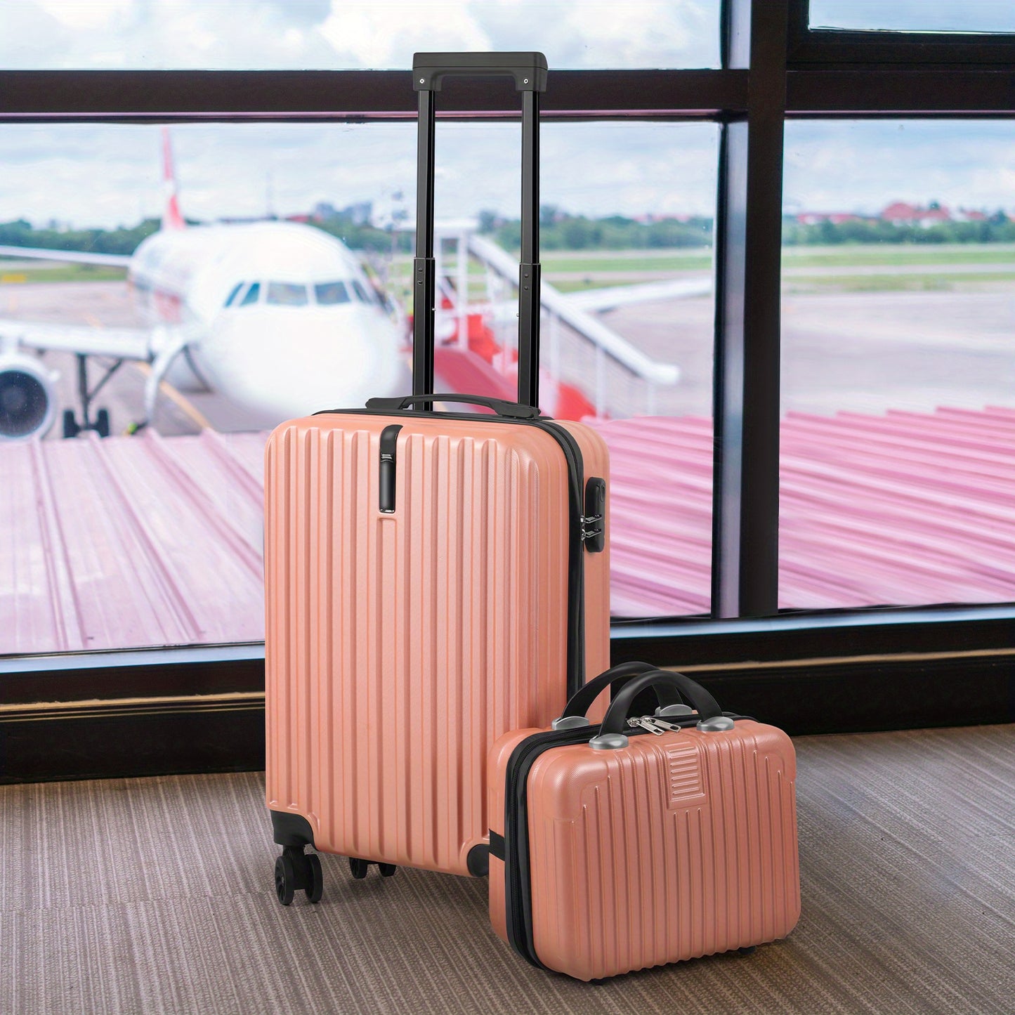 "2 piece Rose Gold 20"" Carry-On Luggage Set with 14"" Cosmetic Case, Hardside Spinner Wheels, Airline Approved, Combination Lock, 2-Piece Luggage"