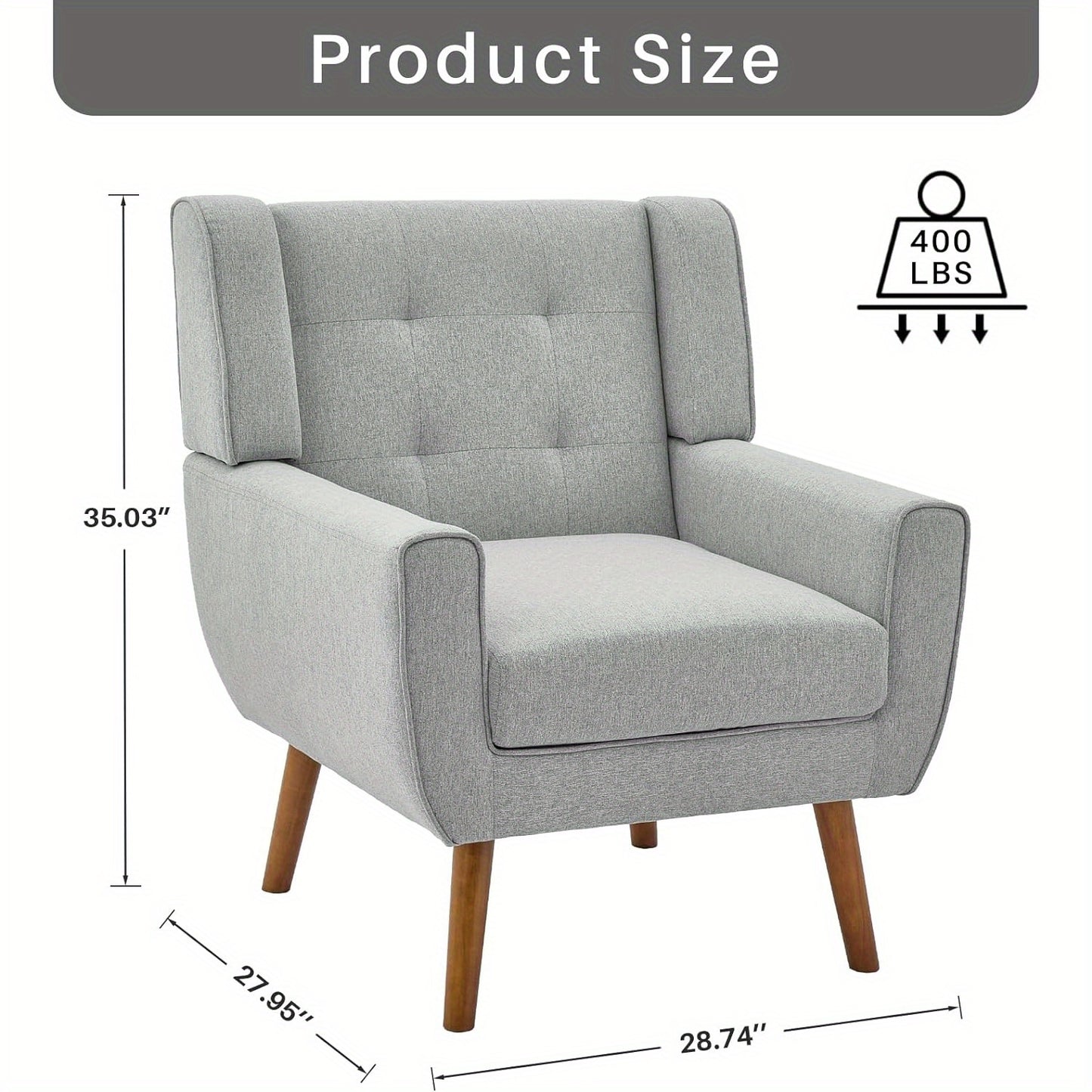 Redlife Modern Accent Chair, Modern Linen Fabric Armchair Single Sofa Chair for Living Room, Fabric Reading Accent Chairs with Solid Wood Legs (Light Grey)