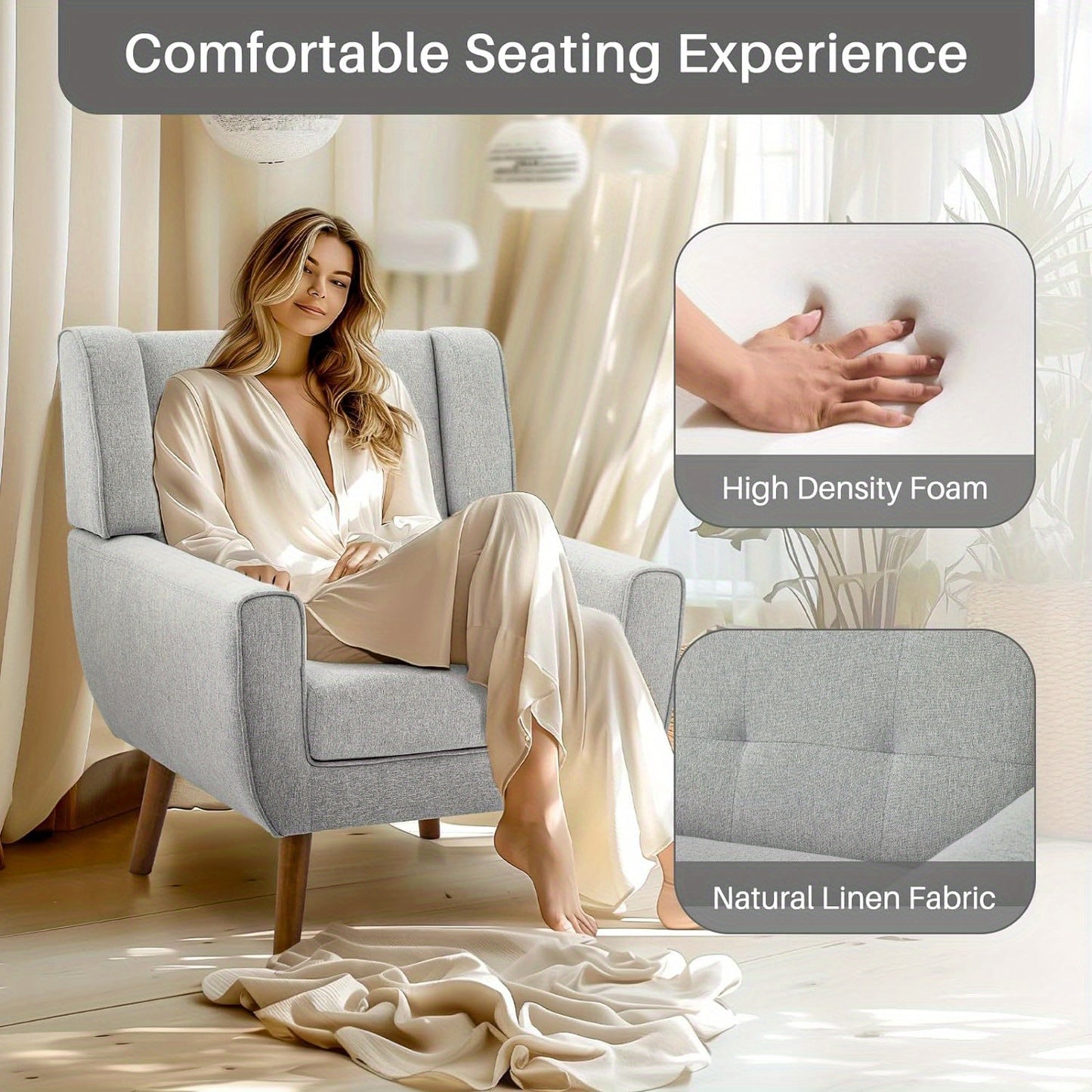 Redlife Modern Accent Chair, Modern Linen Fabric Armchair Single Sofa Chair for Living Room, Fabric Reading Accent Chairs with Solid Wood Legs (Light Grey)