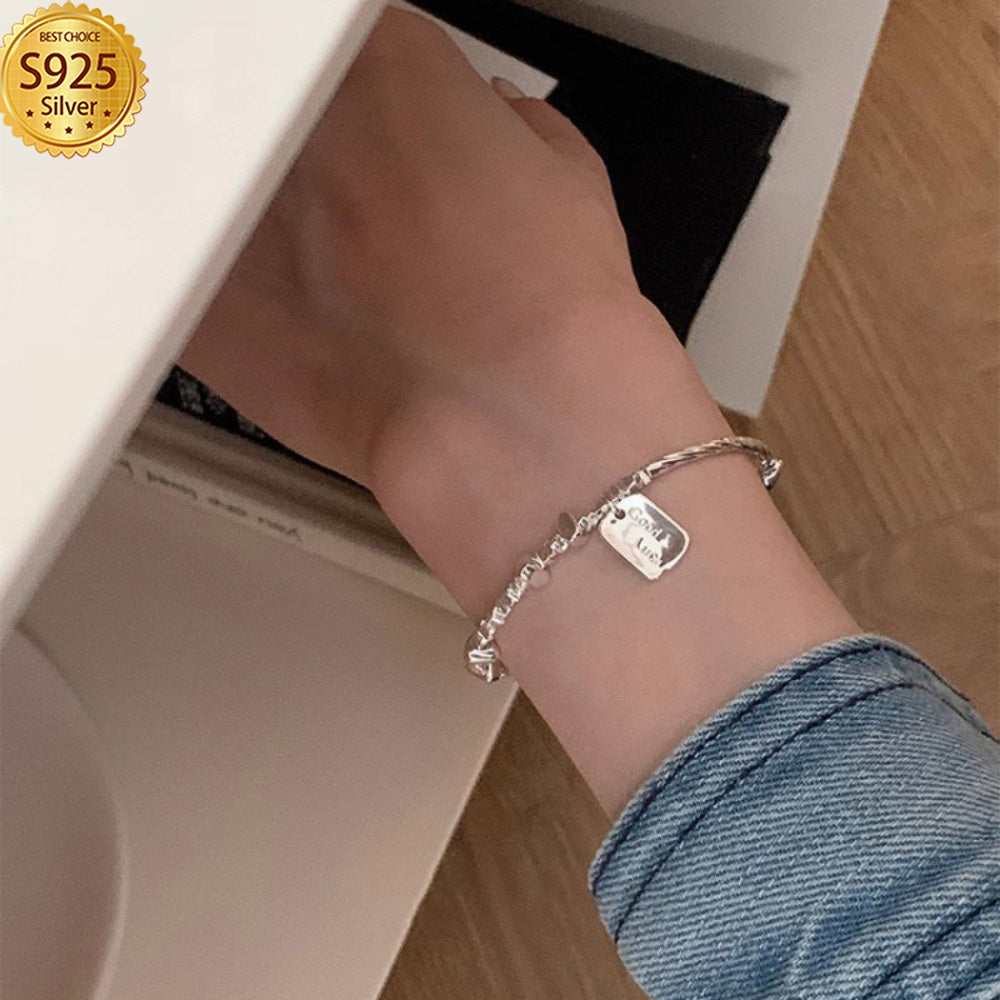 925 Sterling Silver Square "Good Luck" Bracelet