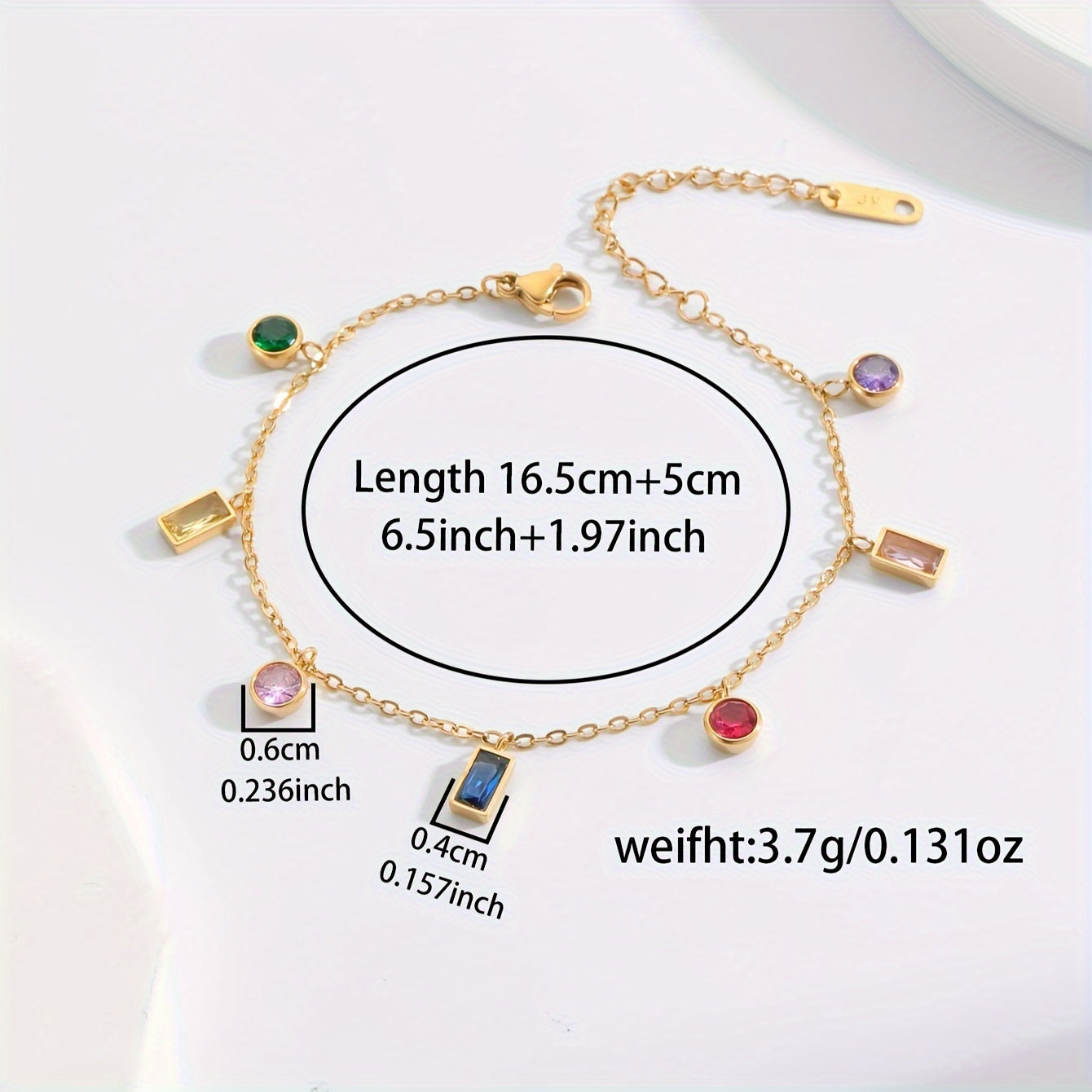 Elegant 18K Golden Plated Stainless Steel Bracelet with Colorful zirconia Charms