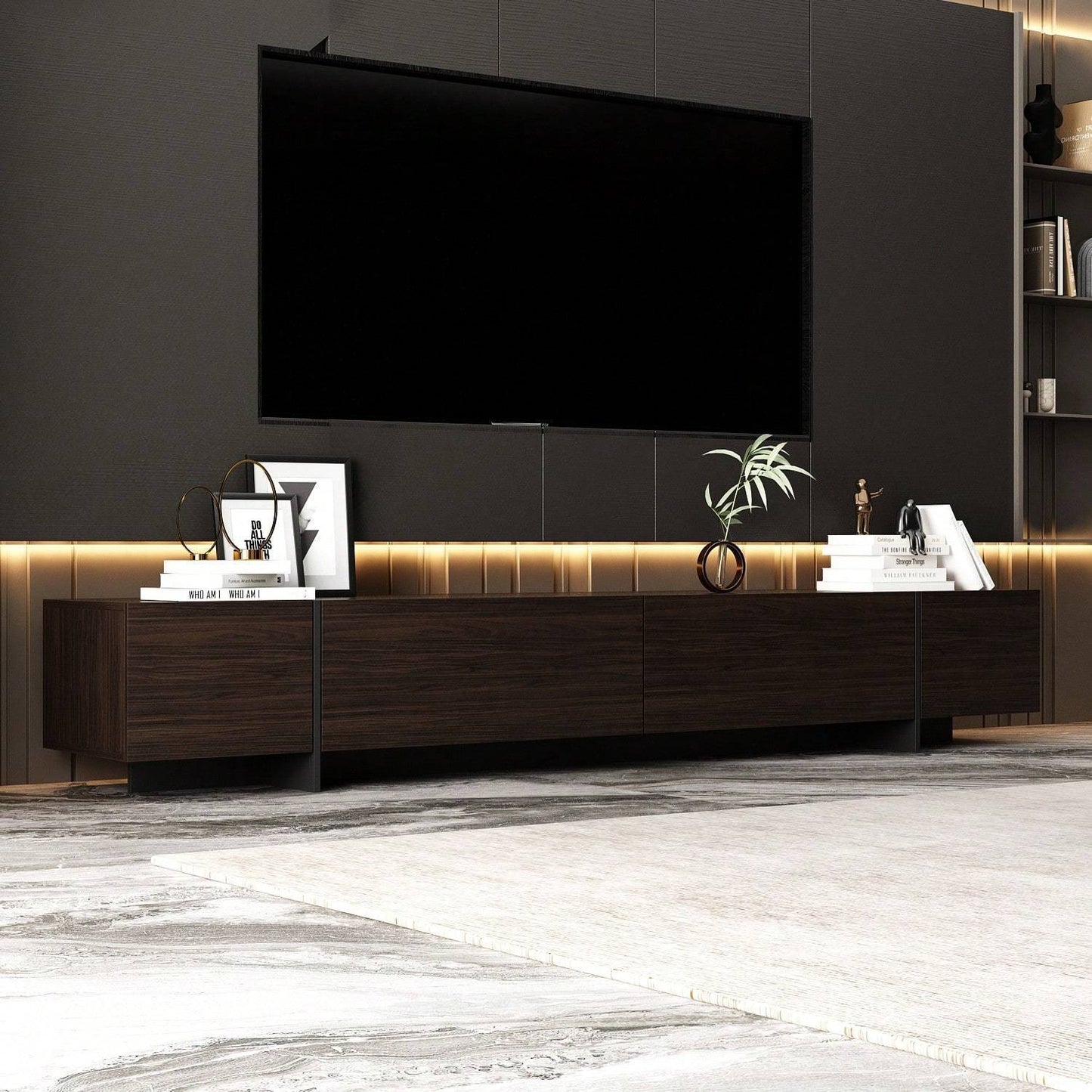 Modern Flip-Down TV Console with 4 Drawers, Dark Brown Media Stand for Living Room