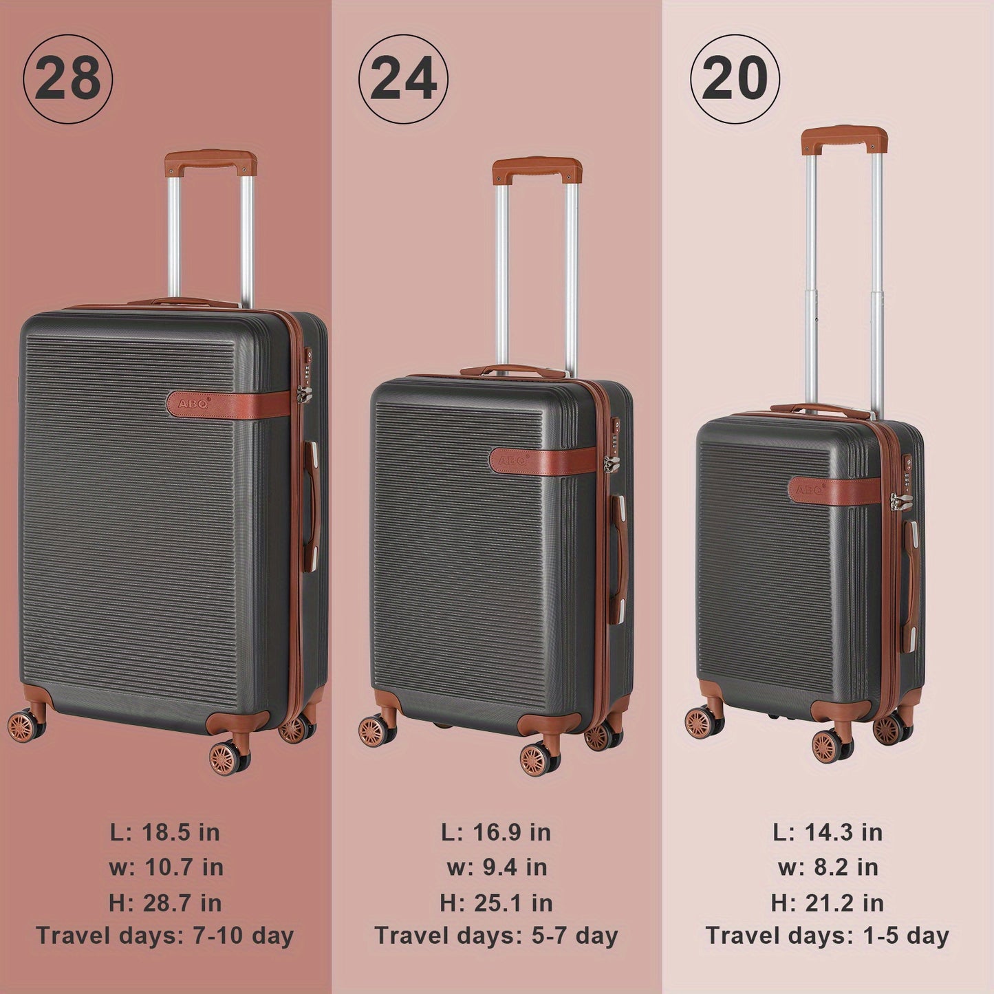 3 piece 3piece 3-Piece ABS Spinner Luggage Set with TSA Lock for Business Travel - Gray Retro Style Lightweight Suitcases