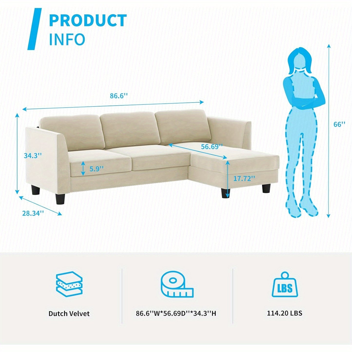 87" Convertible L-Shaped Sectional Sofa with Reversible Chaise, Breathable Velvet Upholstery, Beige