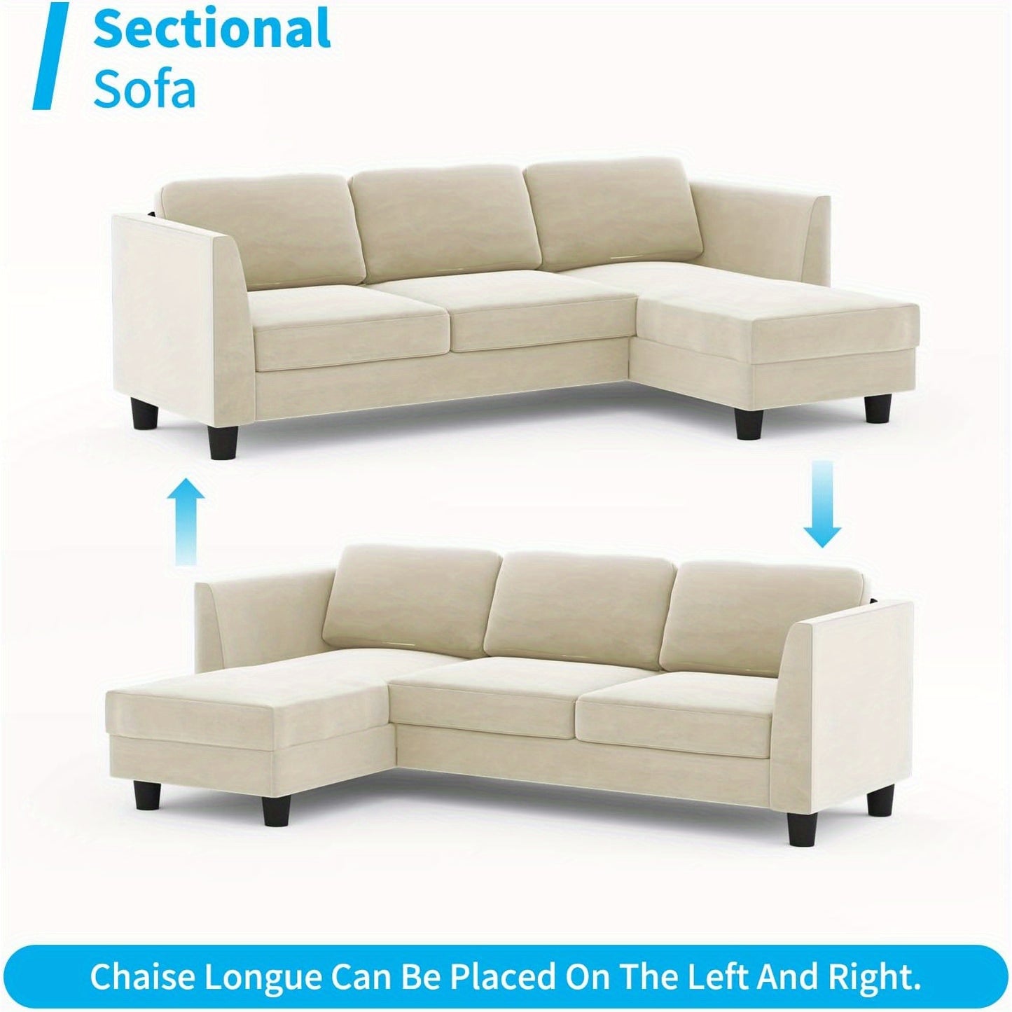 87" Convertible L-Shaped Sectional Sofa with Reversible Chaise, Breathable Velvet Upholstery, Beige