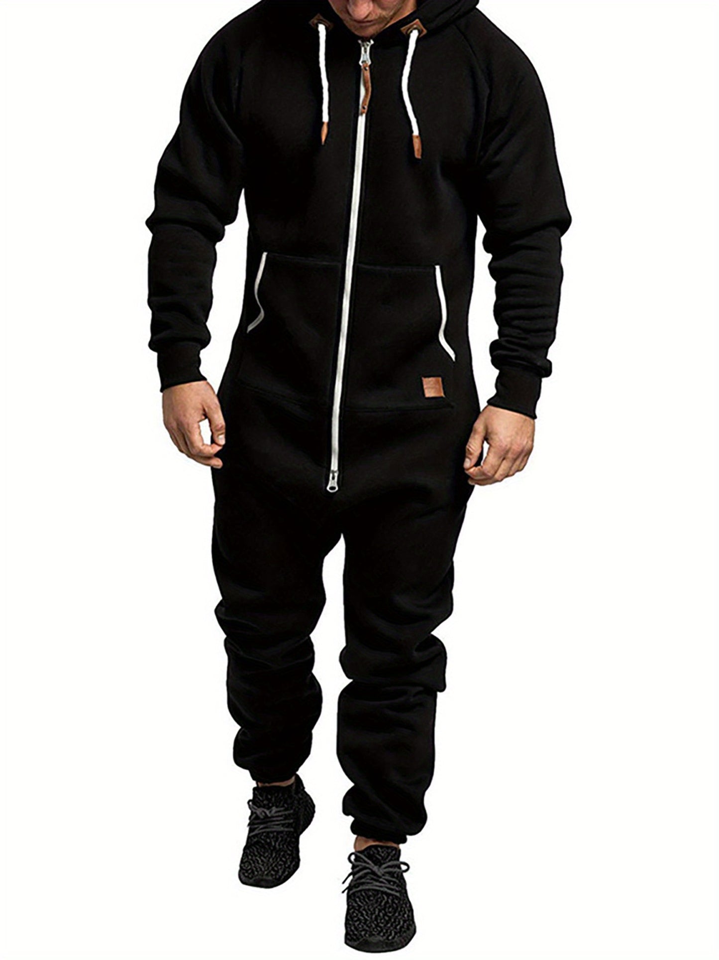Popular Men's Autum Winter Casual One-Pices Outfits, Plus Size Men Hooded Fleece Lining Jumpsuit, Long Sleeve Full Zipper Overalls with Kangaroo Pockets. Won't Last
