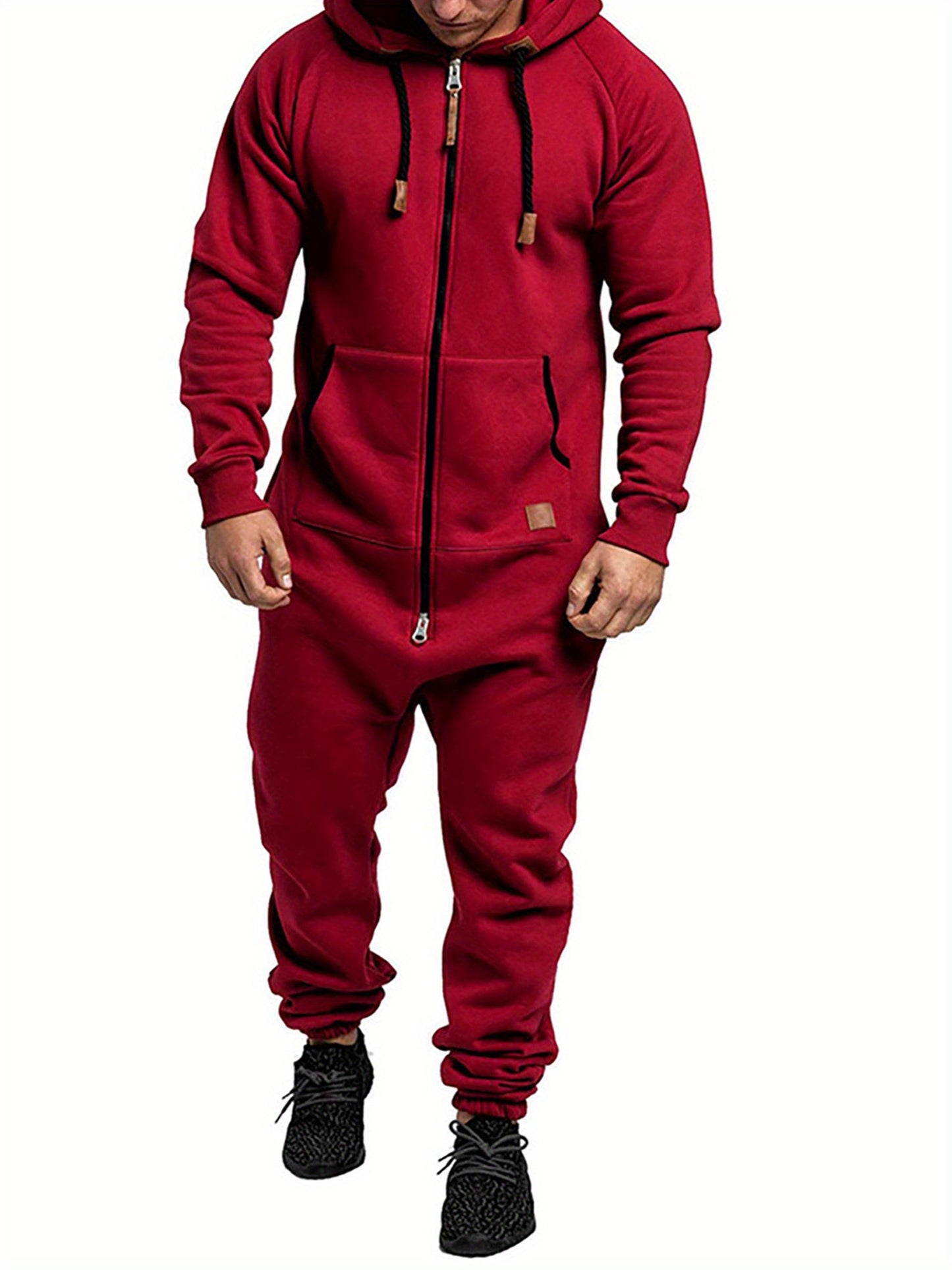 Popular Men's Autum Winter Casual One-Pices Outfits, Plus Size Men Hooded Fleece Lining Jumpsuit, Long Sleeve Full Zipper Overalls with Kangaroo Pockets. Won't Last