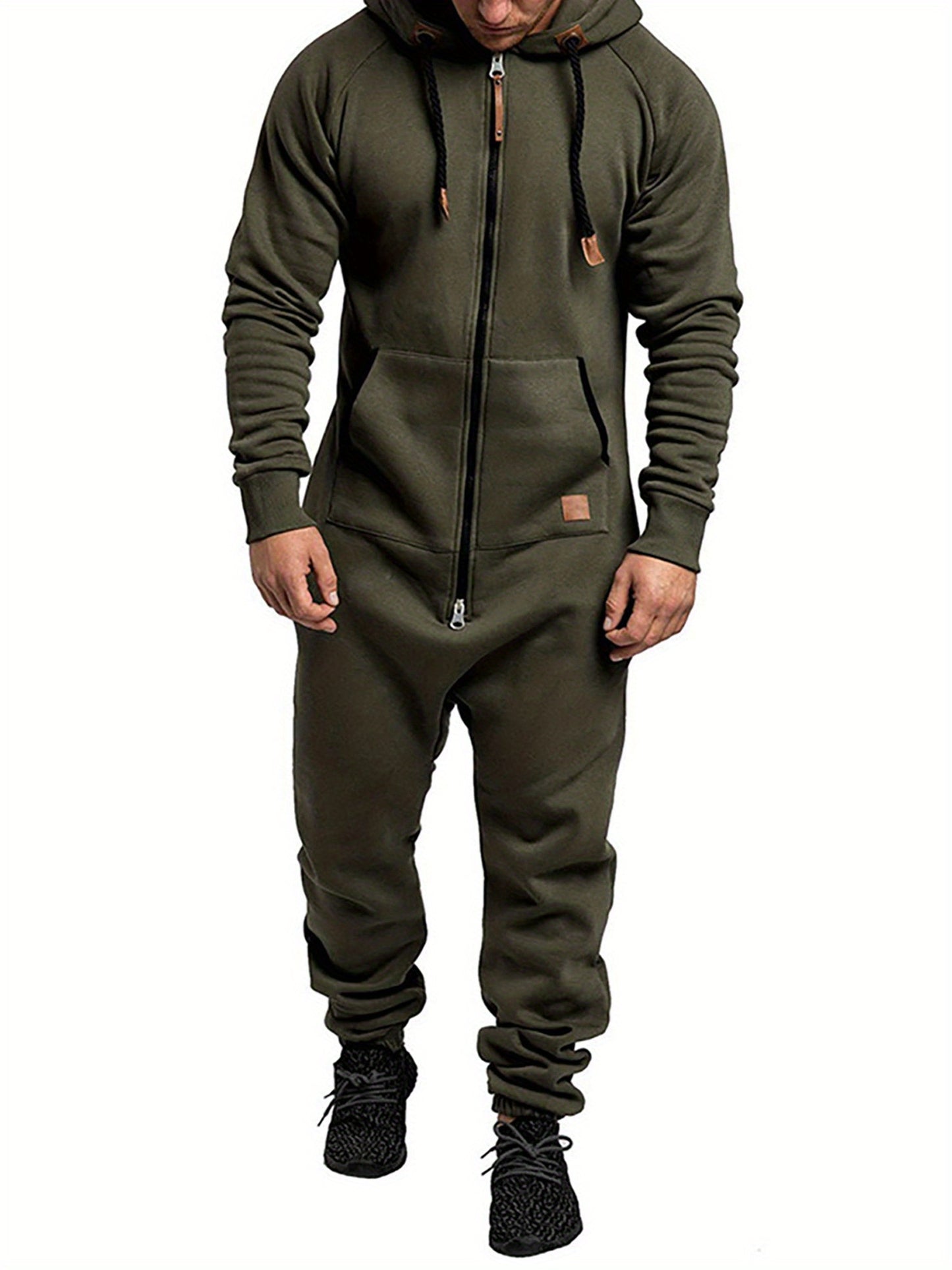 Popular Men's Autum Winter Casual One-Pices Outfits, Plus Size Men Hooded Fleece Lining Jumpsuit, Long Sleeve Full Zipper Overalls with Kangaroo Pockets. Won't Last
