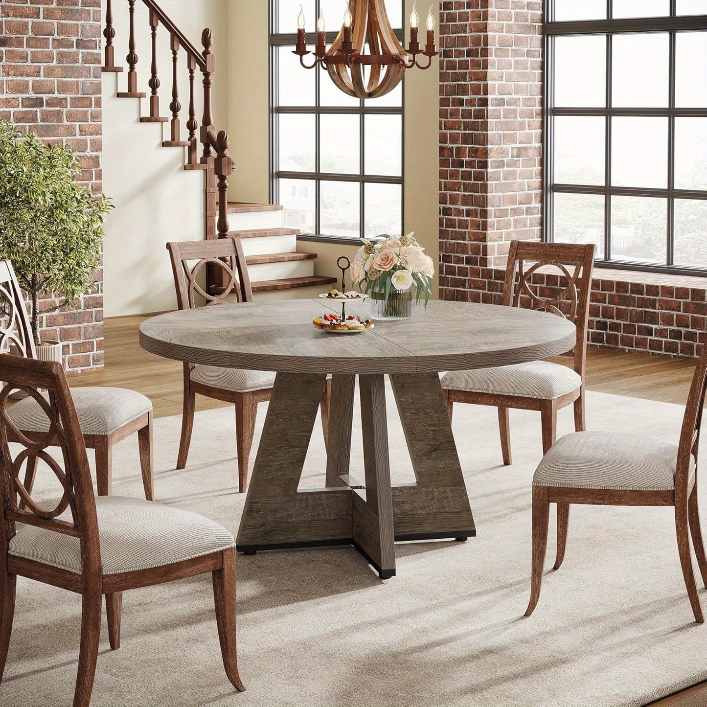 Modern Design Rustic 47-Inch Round Dining Table Set for 4, Wood Dining Table with Chairs