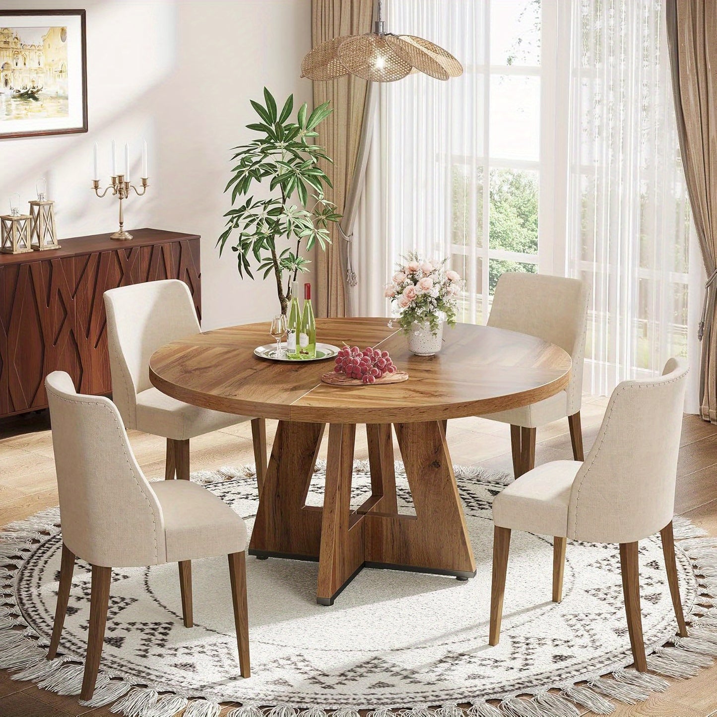 Modern Design Rustic 47-Inch Round Dining Table Set for 4, Wood Dining Table with Chairs