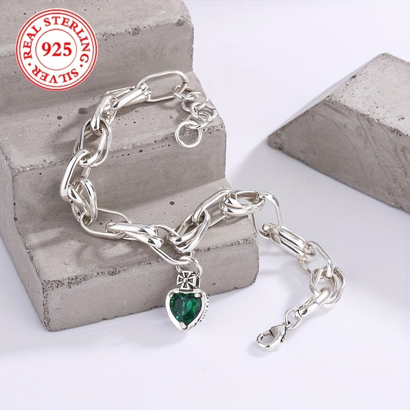 925 Sterling Silver Vintage Green Zirconia Crown Heart Charm Bracelet