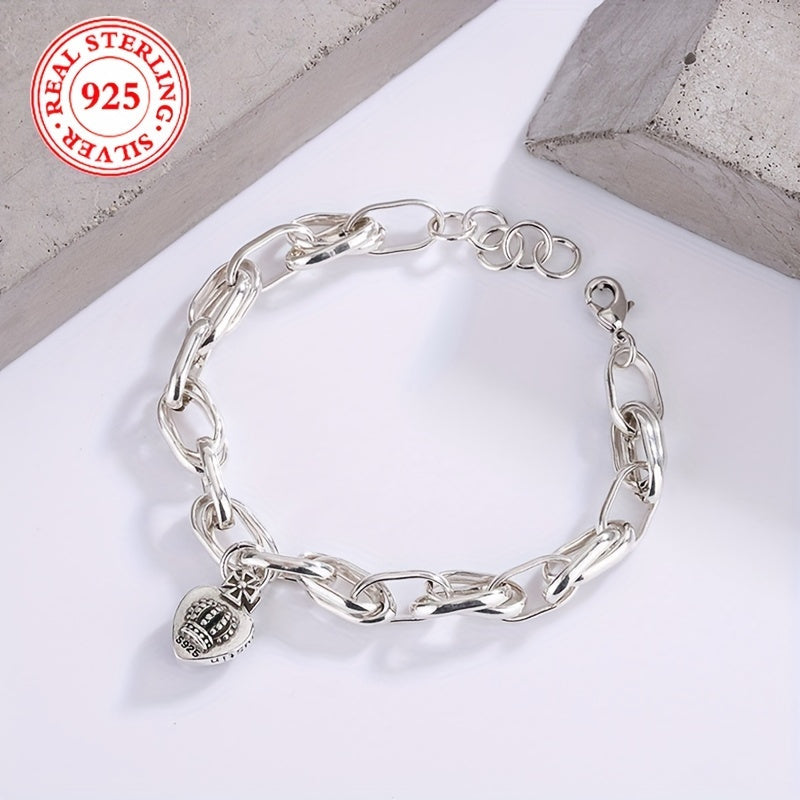 925 Sterling Silver Vintage Green Zirconia Crown Heart Charm Bracelet