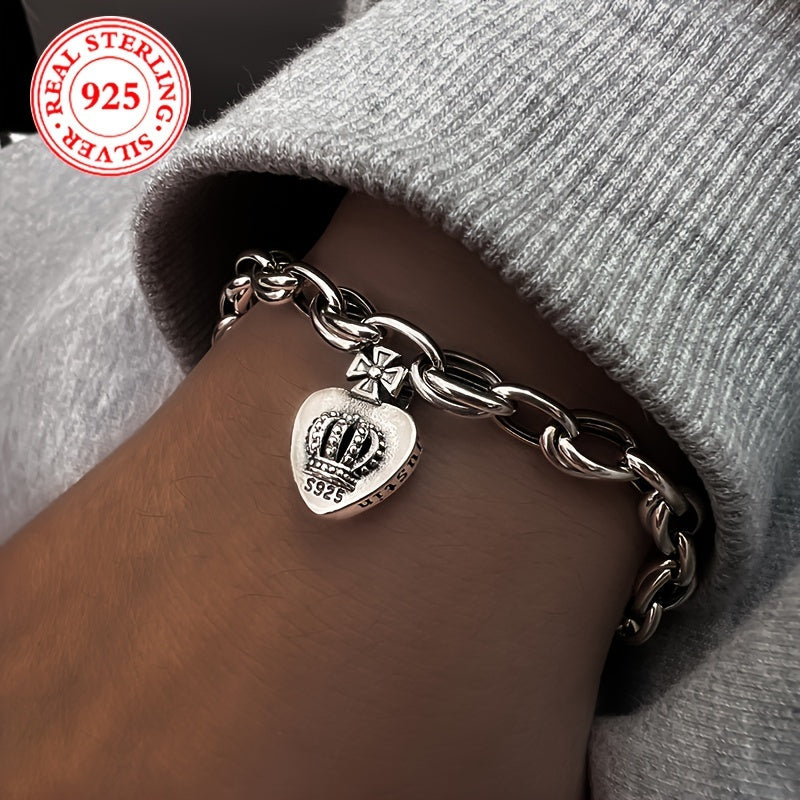 925 Sterling Silver Vintage Green Zirconia Crown Heart Charm Bracelet