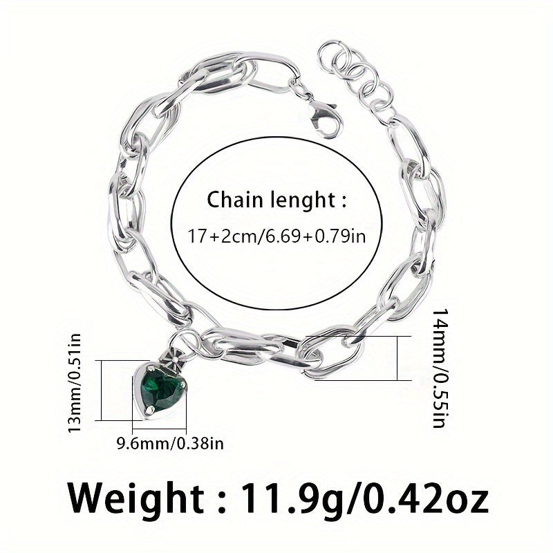 925 Sterling Silver Vintage Green Zirconia Crown Heart Charm Bracelet