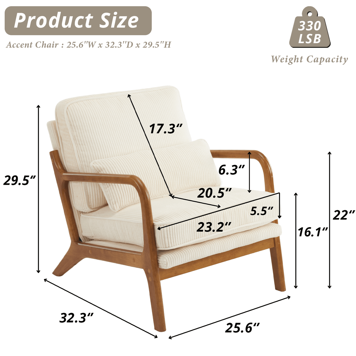 Mid-Century Modern MCM Accent Chair with Pillow Corduroy Upholstered Lounge Armchair with Solid Wood Frame & Soft Cushion for Office, Bedroom, Reading room, Low Back