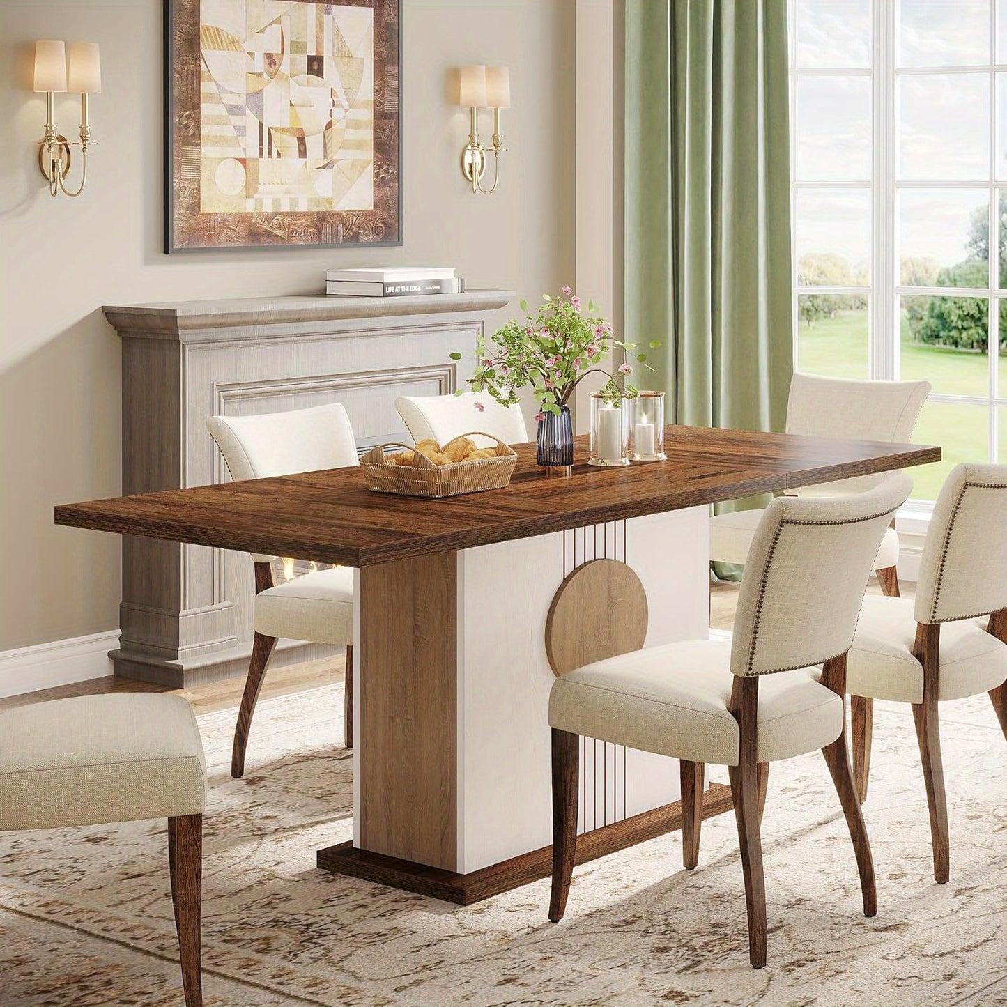 "55" Modern Farmhouse Design Rectangular Dining Table, Oak Brown & White, 4-6 Person Capacity, Kitchen, Dining Room, Living Room, Office"