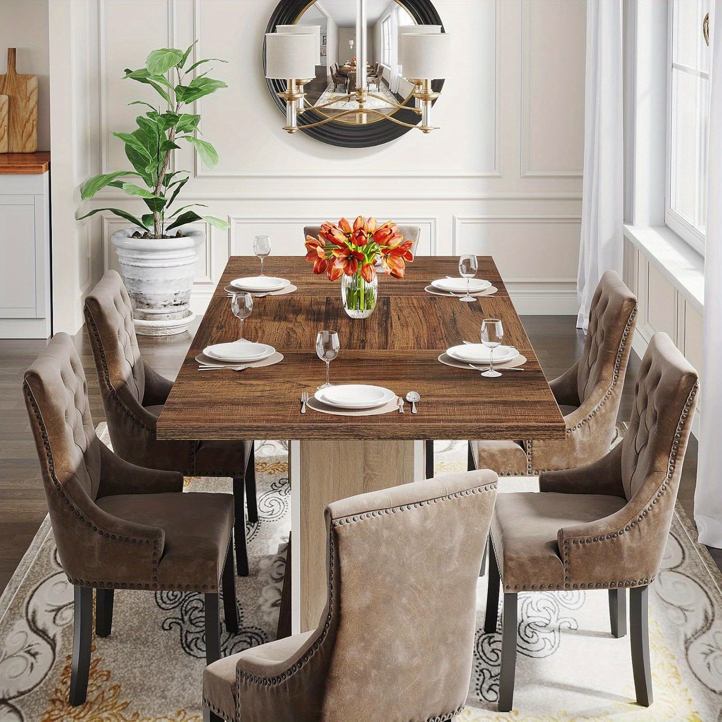 "55" Modern Farmhouse Design Rectangular Dining Table, Oak Brown & White, 4-6 Person Capacity, Kitchen, Dining Room, Living Room, Office"