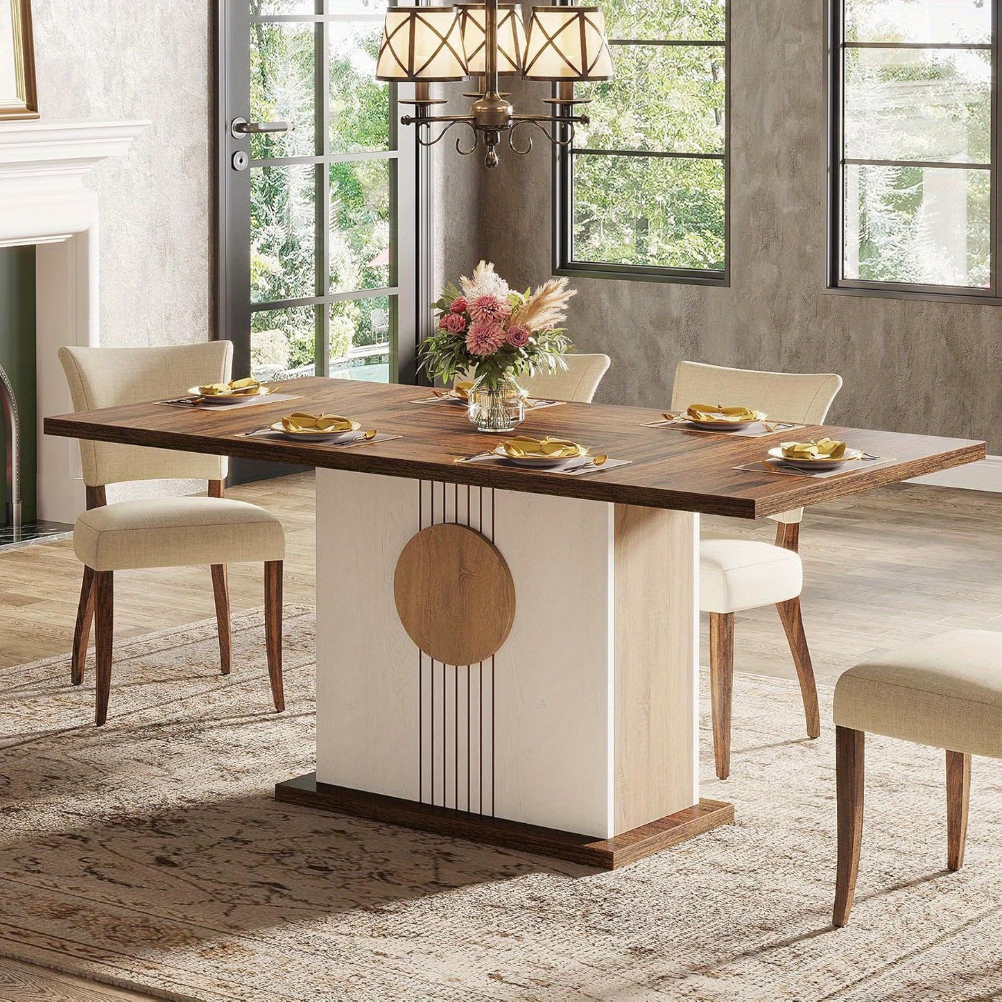 "55" Modern Farmhouse Design Rectangular Dining Table, Oak Brown & White, 4-6 Person Capacity, Kitchen, Dining Room, Living Room, Office"