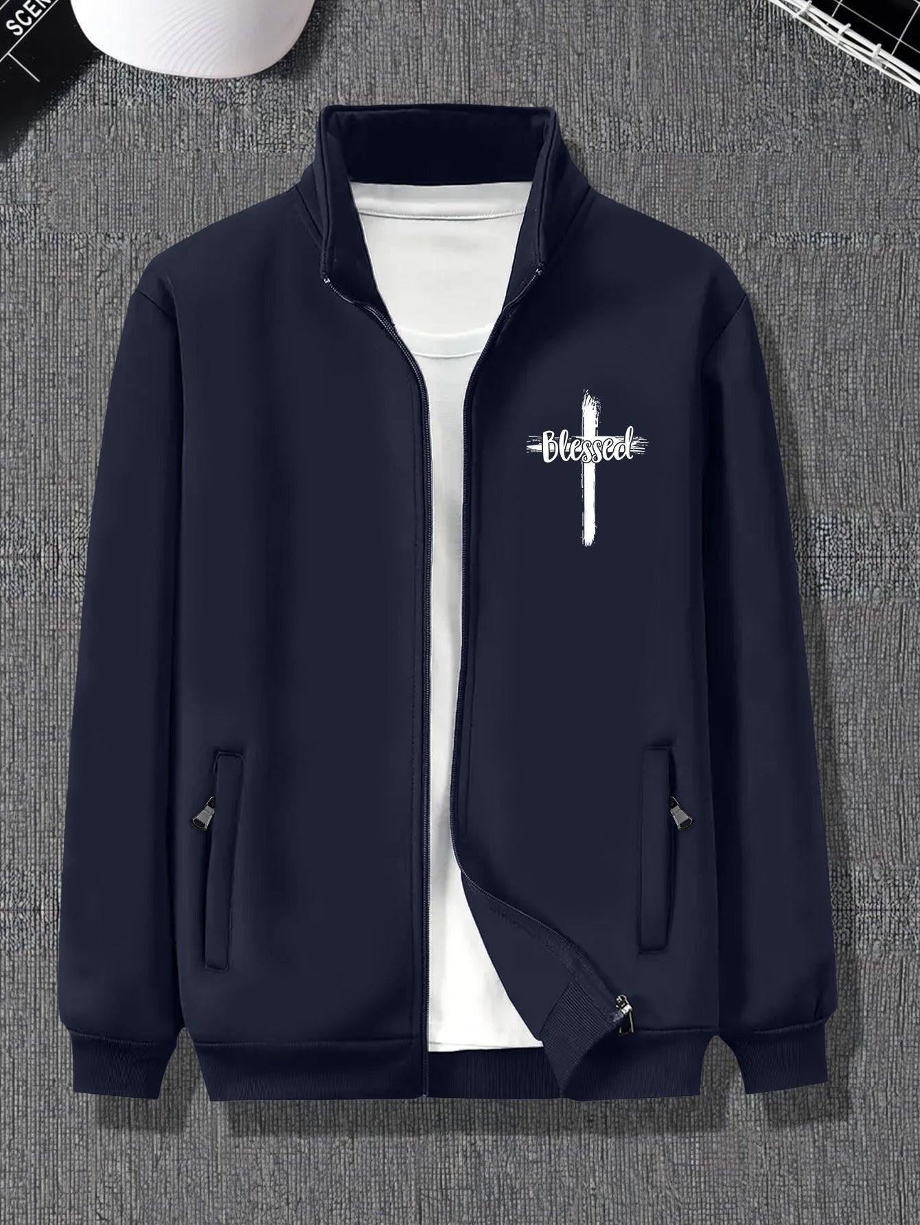 Plus Size Men's Stylish Jacket With Pockets. Blessed Cross Print