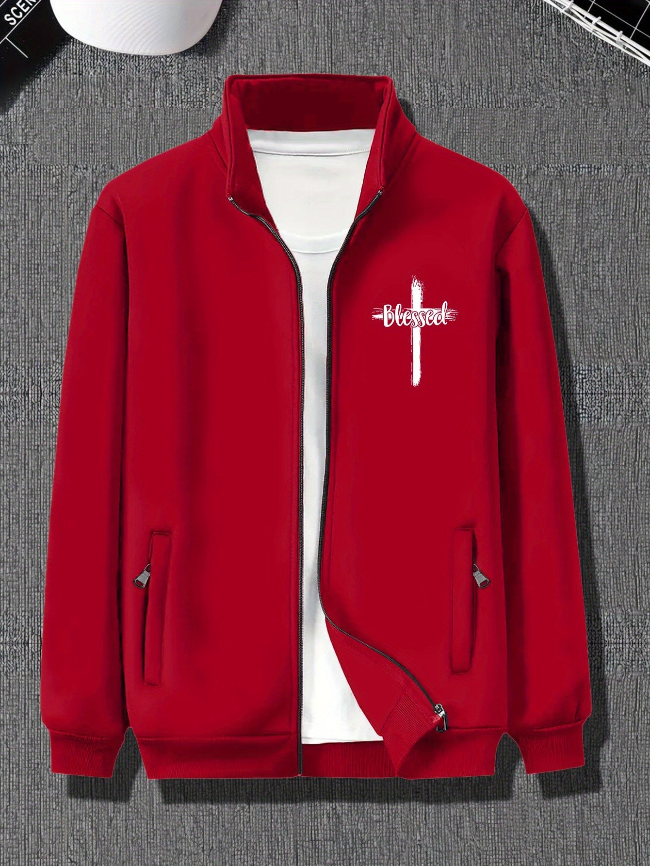Plus Size Men's Stylish Jacket With Pockets. Blessed Cross Print