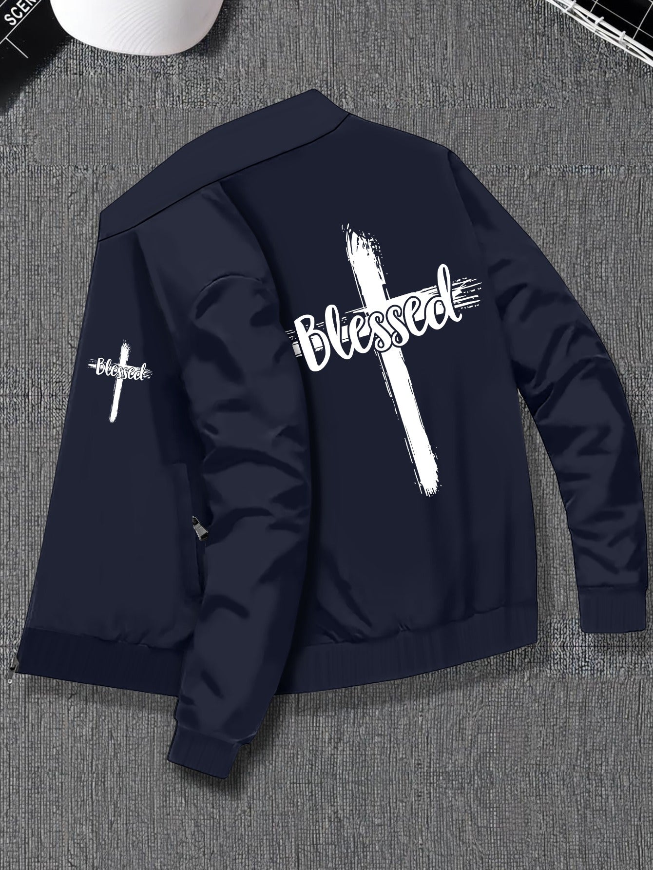 Plus Size Men's Stylish Jacket With Pockets. Blessed Cross Print